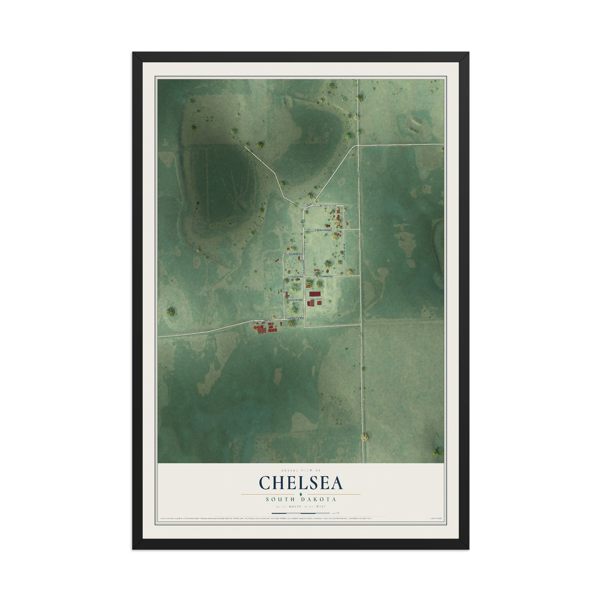 Map of Chelsea, South Dakota, 12 x 18 inch print in a black wood frame