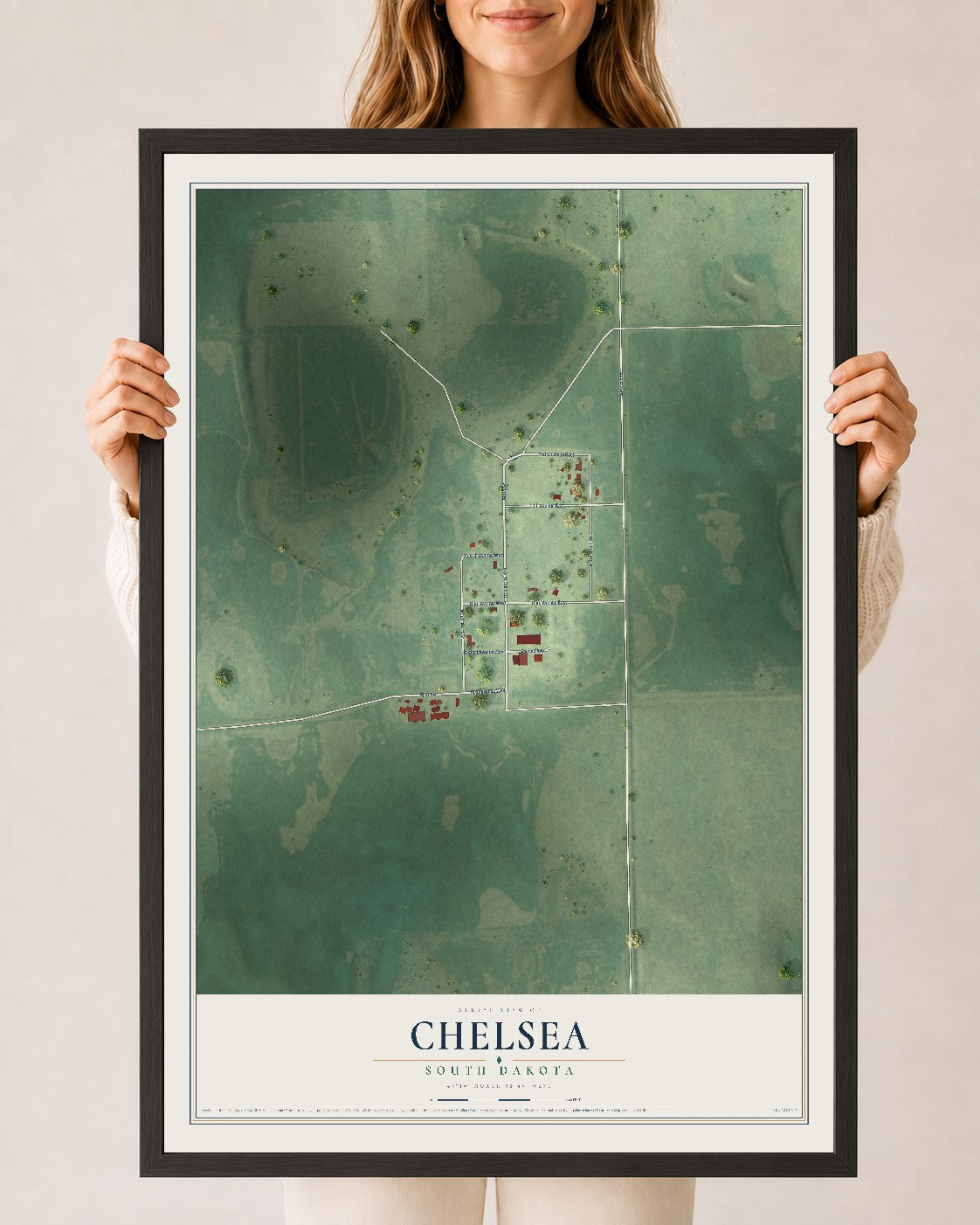 Map of Chelsea, South Dakota, 24 x 36 inch print in a black wood frame