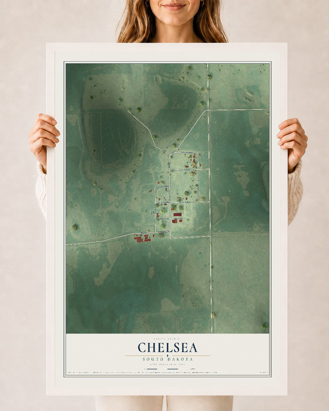 Map of Chelsea, South Dakota, 24 x 36 inch print in a white wood frame