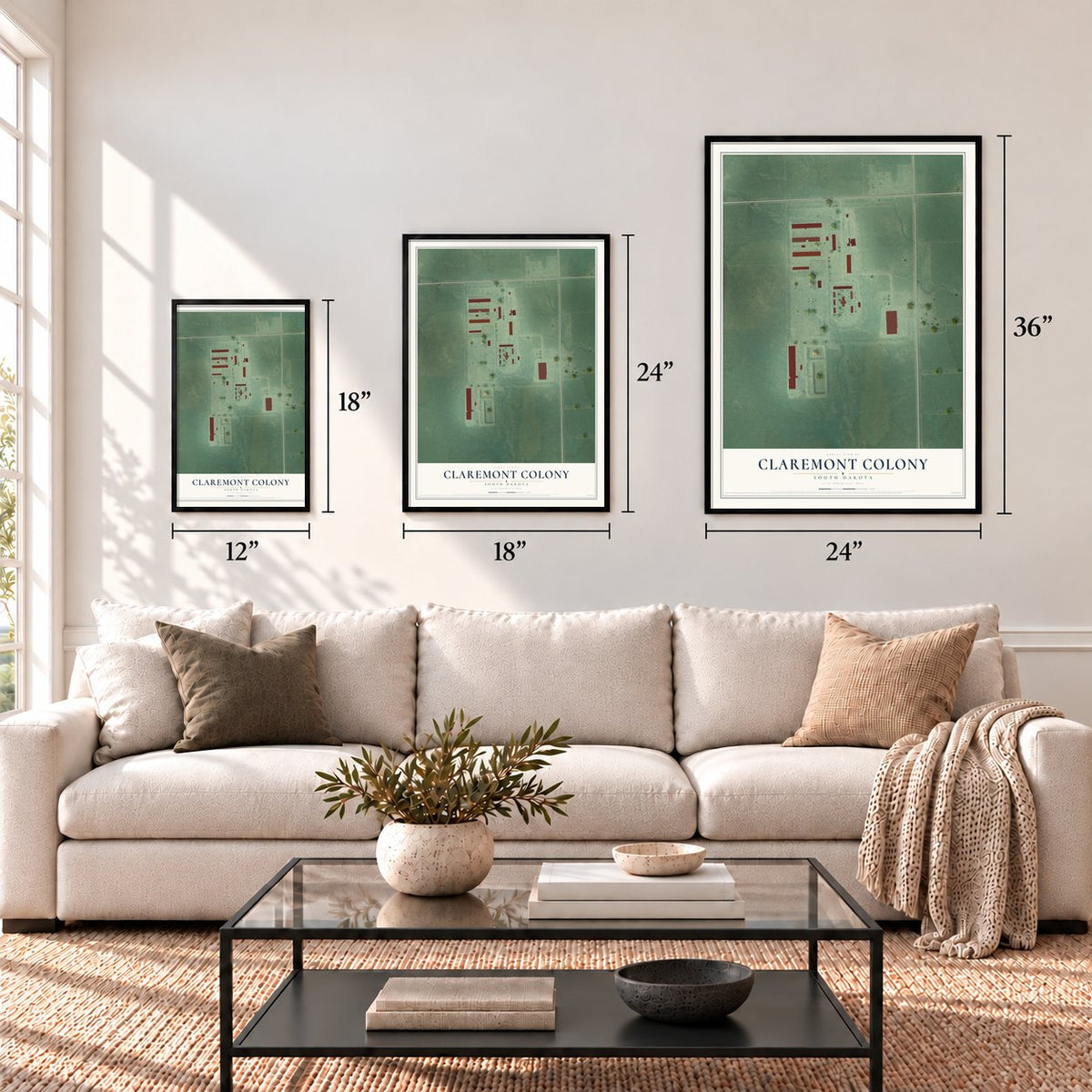 Claremont Colony, South Dakota map in 12 x 18, 18 x 24 and 24 x 36 inch sizes above a sofa