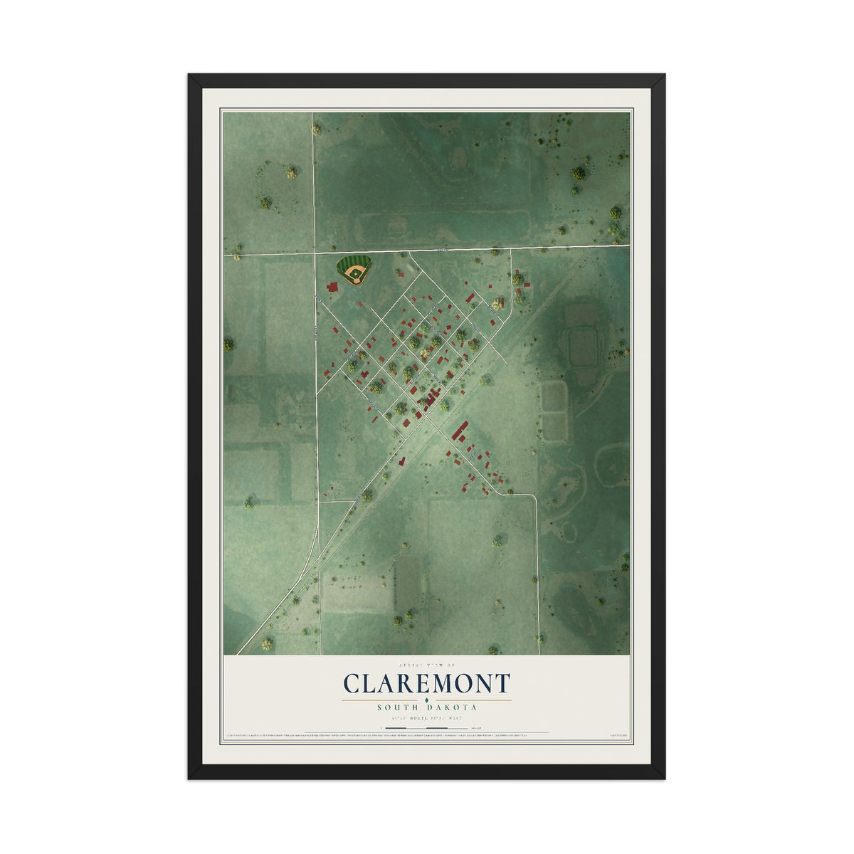 Map of Claremont, South Dakota, 12 x 18 inch print in a black wood frame