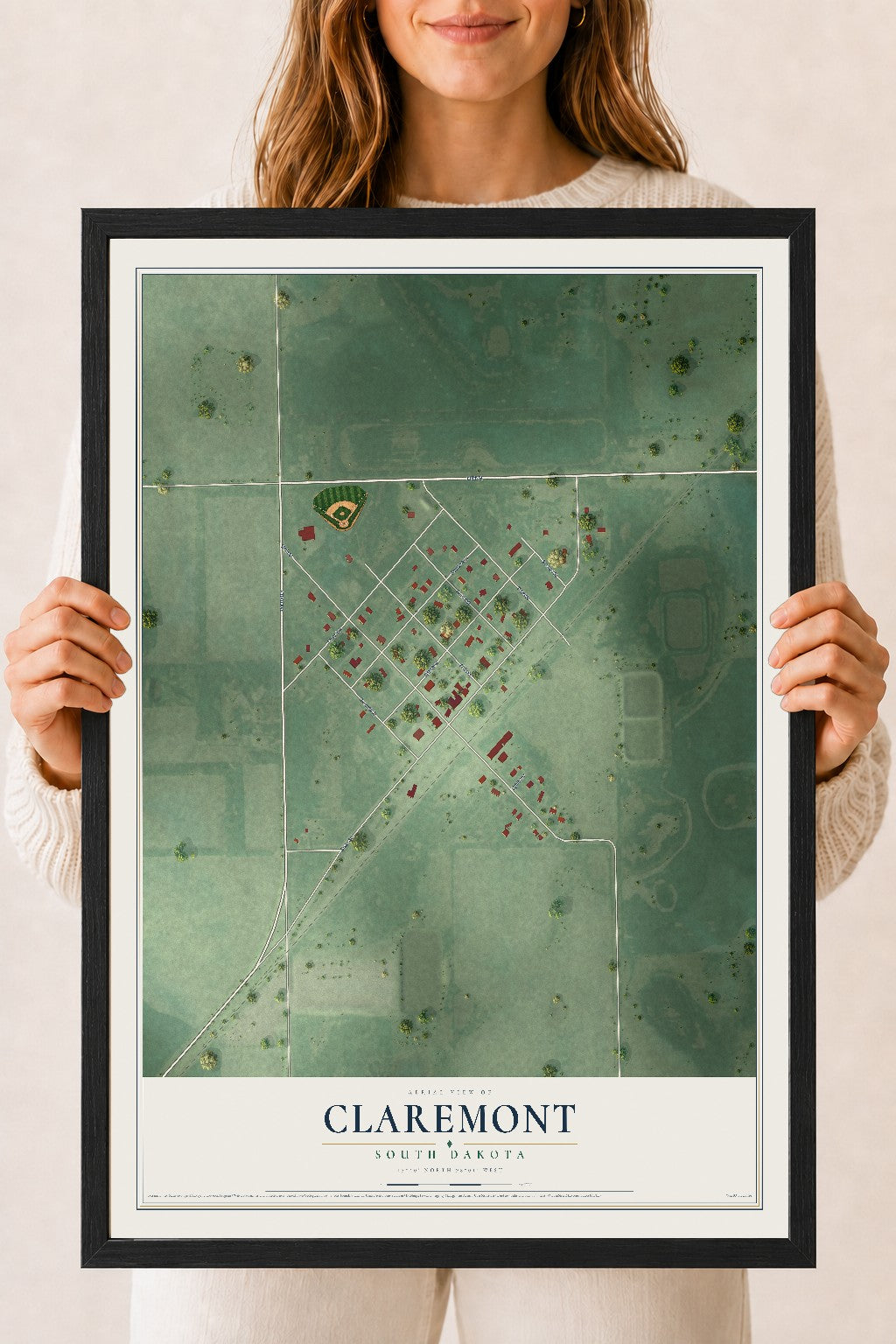 Map of Claremont, South Dakota, 18 x 24 inch print in a black wood frame