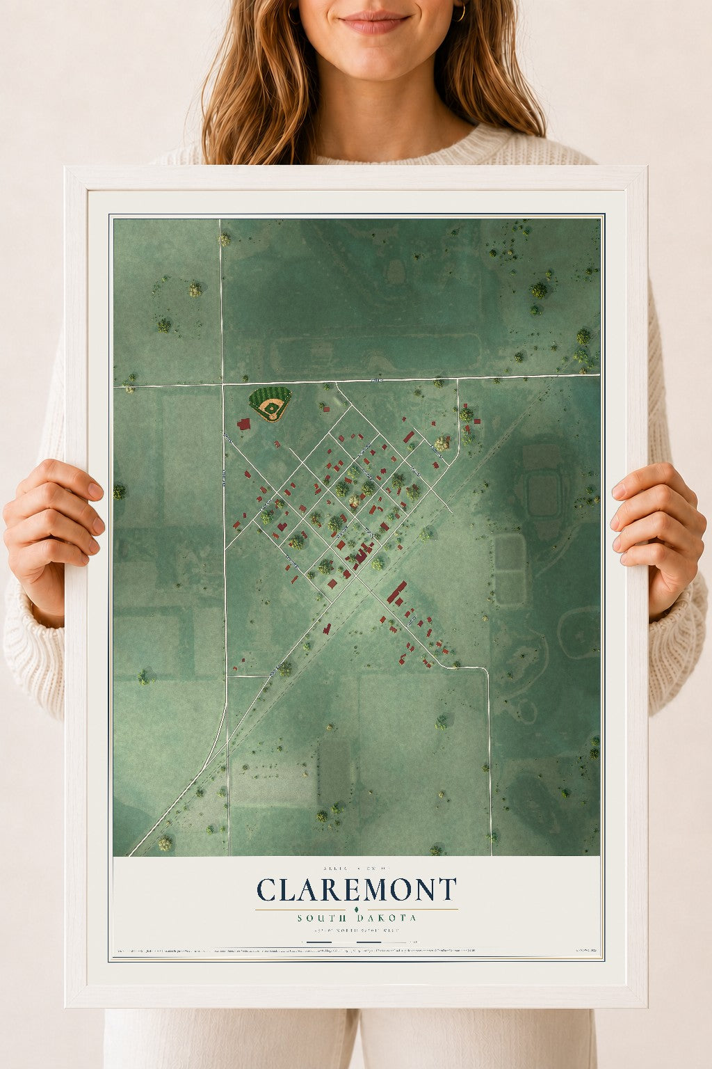 Map of Claremont, South Dakota, 18 x 24 inch print in a white wood frame