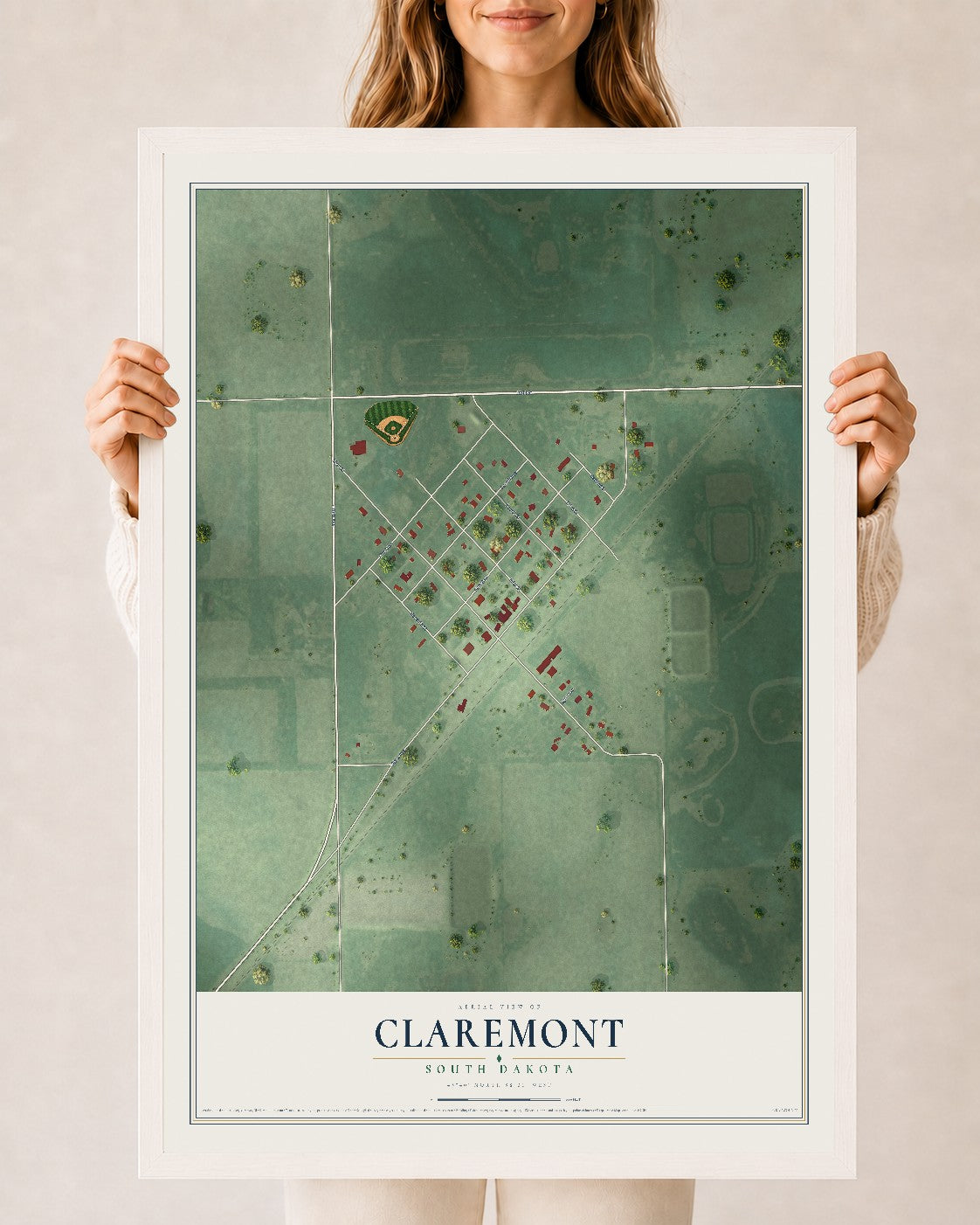 Map of Claremont, South Dakota, 24 x 36 inch print in a white wood frame