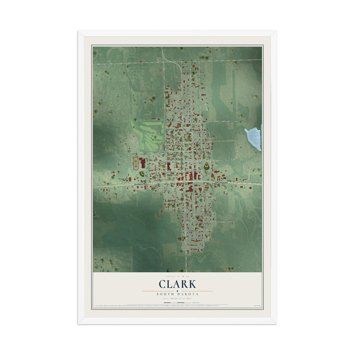 Map of Clark, South Dakota, 12 x 18 inch print in a white wood frame