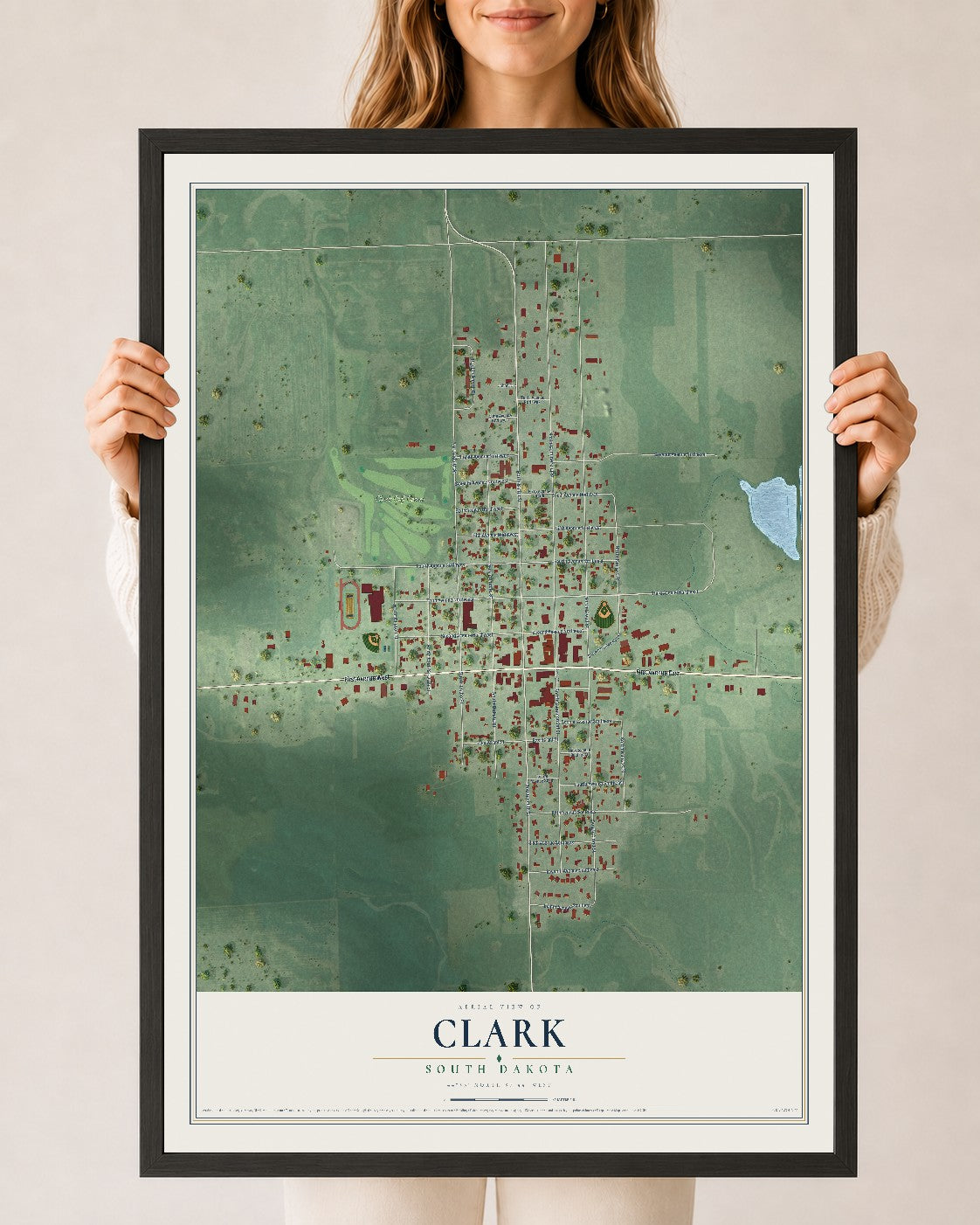 Map of Clark, South Dakota, 24 x 36 inch print in a black wood frame