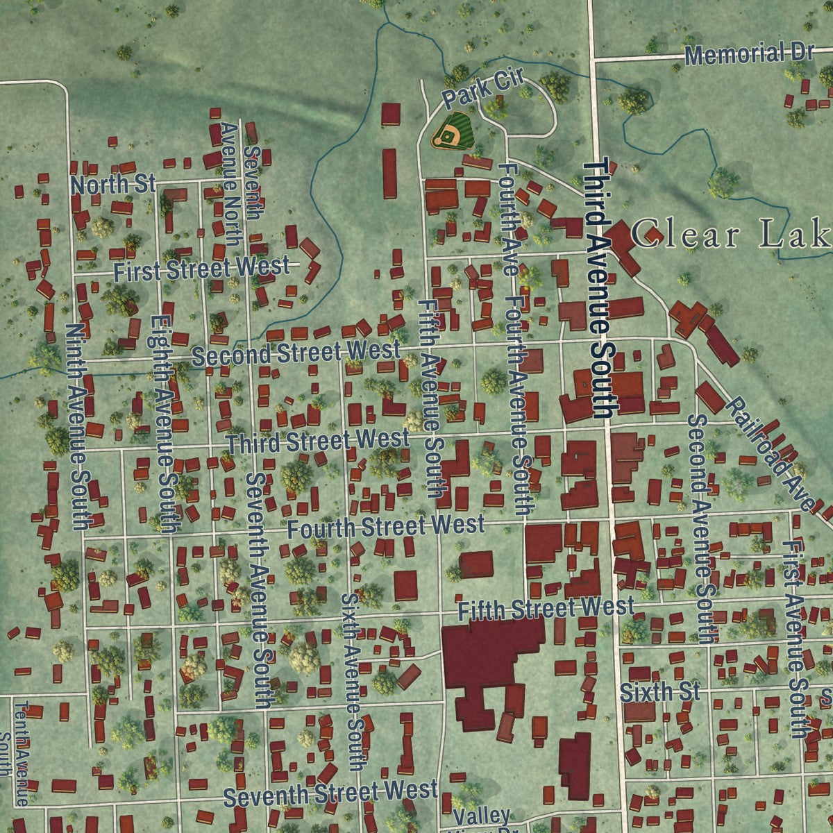 Close-up of the map of Clear Lake, South Dakota print showing street and building detail
