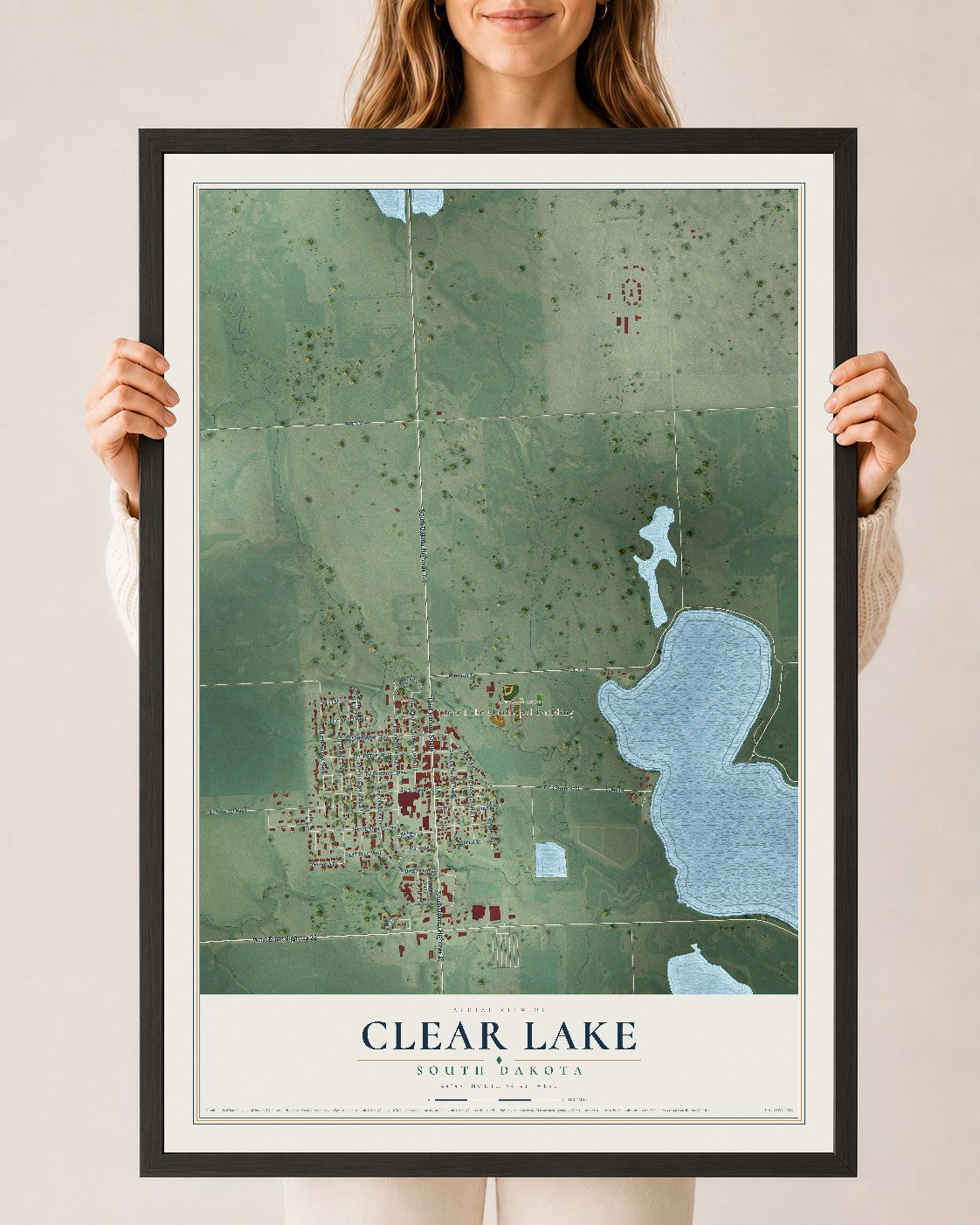 Map of Clear Lake, South Dakota, 24 x 36 inch print in a black wood frame