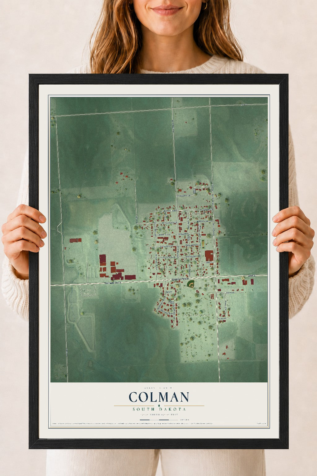 Map of Colman, South Dakota, 18 x 24 inch print in a black wood frame