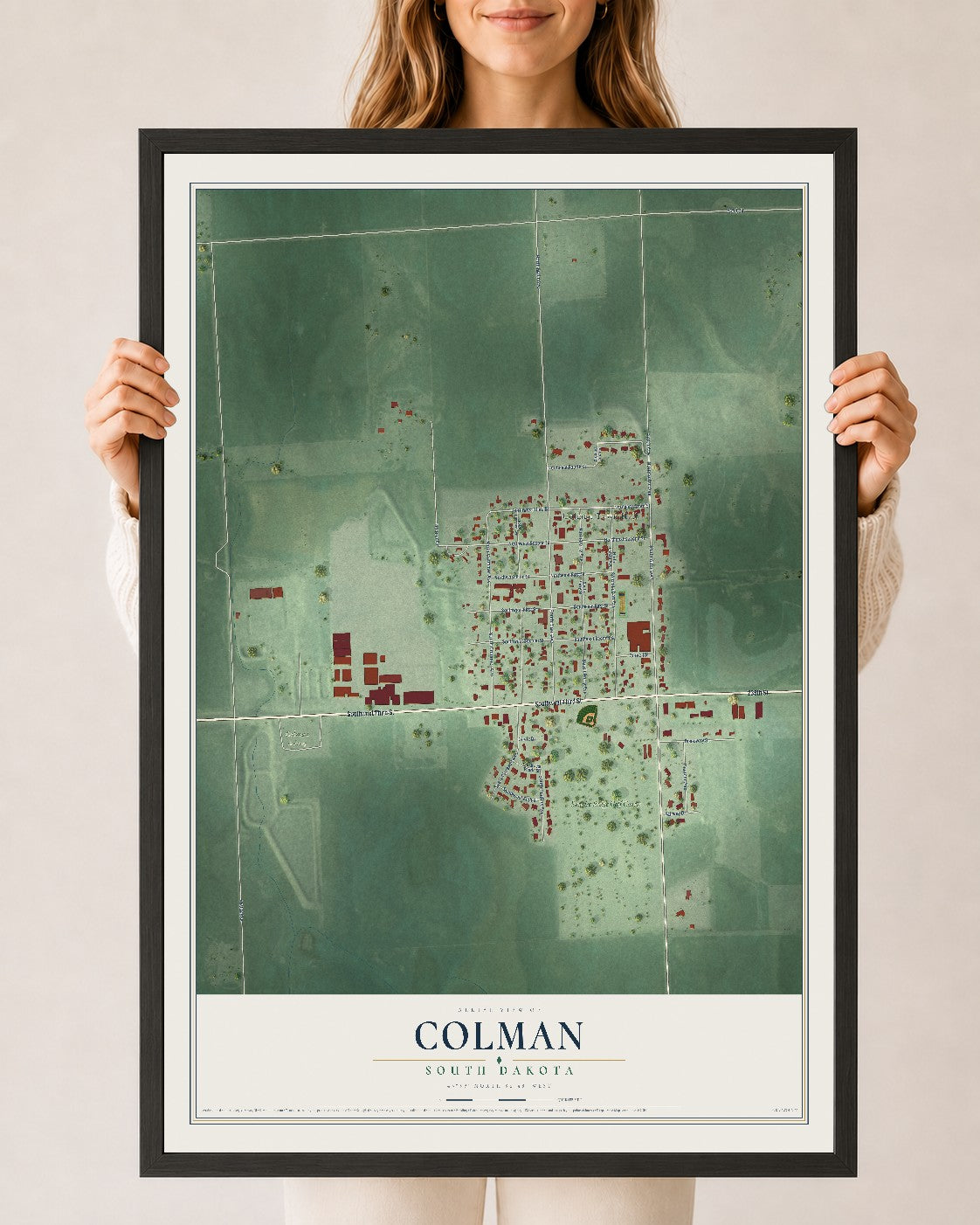Map of Colman, South Dakota, 24 x 36 inch print in a black wood frame