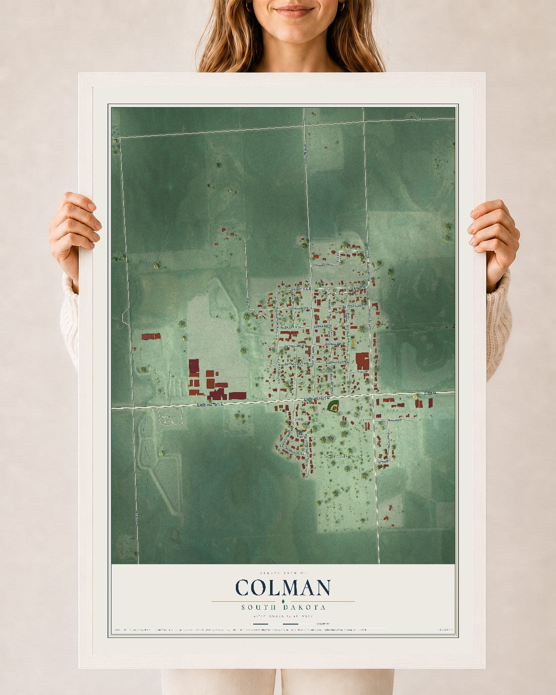 Map of Colman, South Dakota, 24 x 36 inch print in a white wood frame