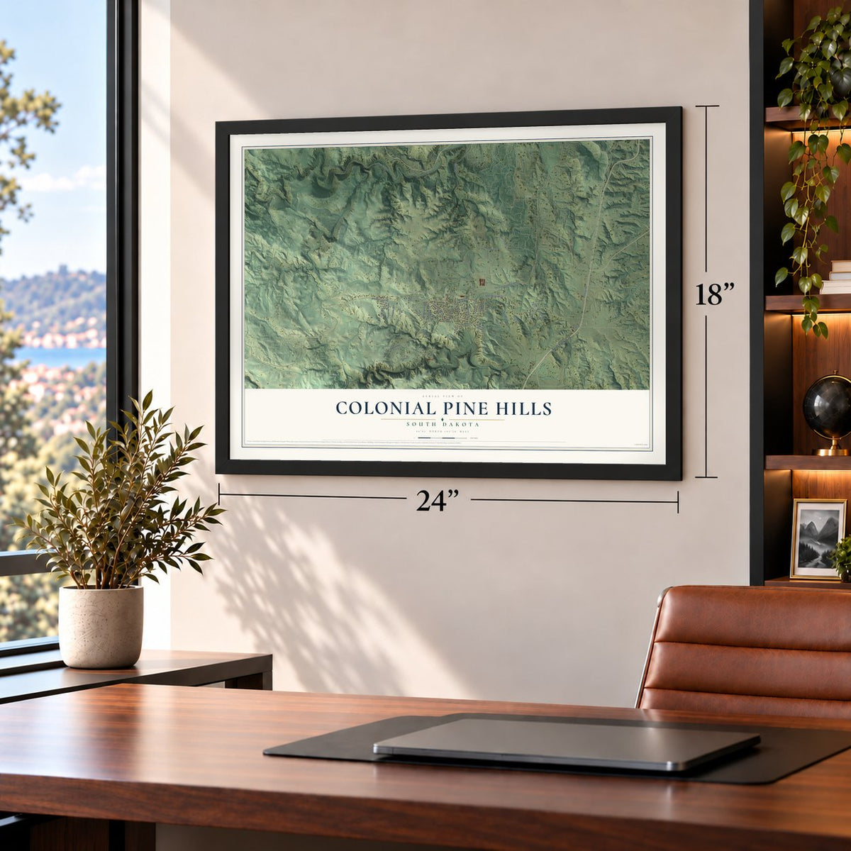 Colonial Pine Hills, South Dakota map, 18 x 24 inch print in a black frame in a home office
