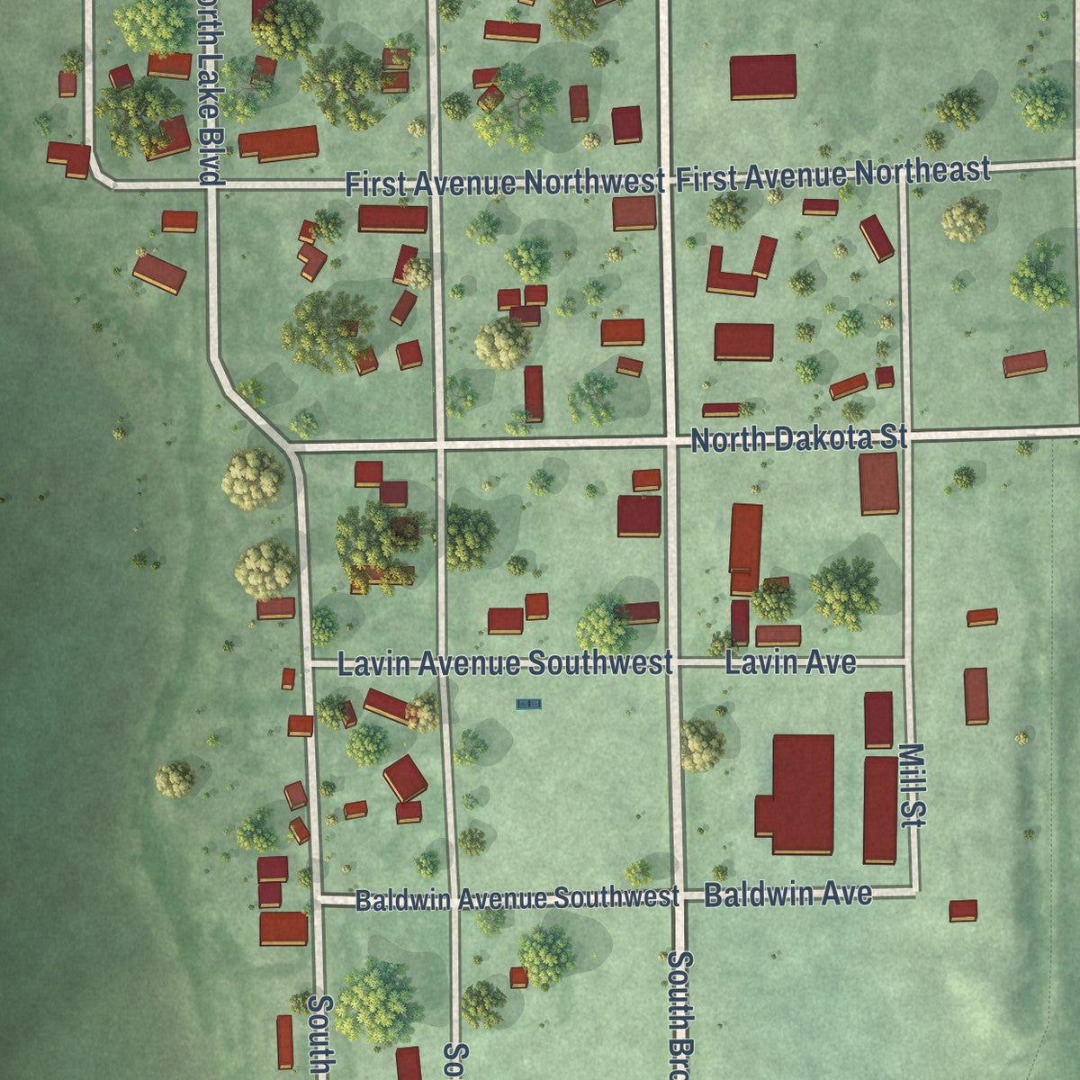 Close-up of the map of Columbia, South Dakota print showing street and building detail