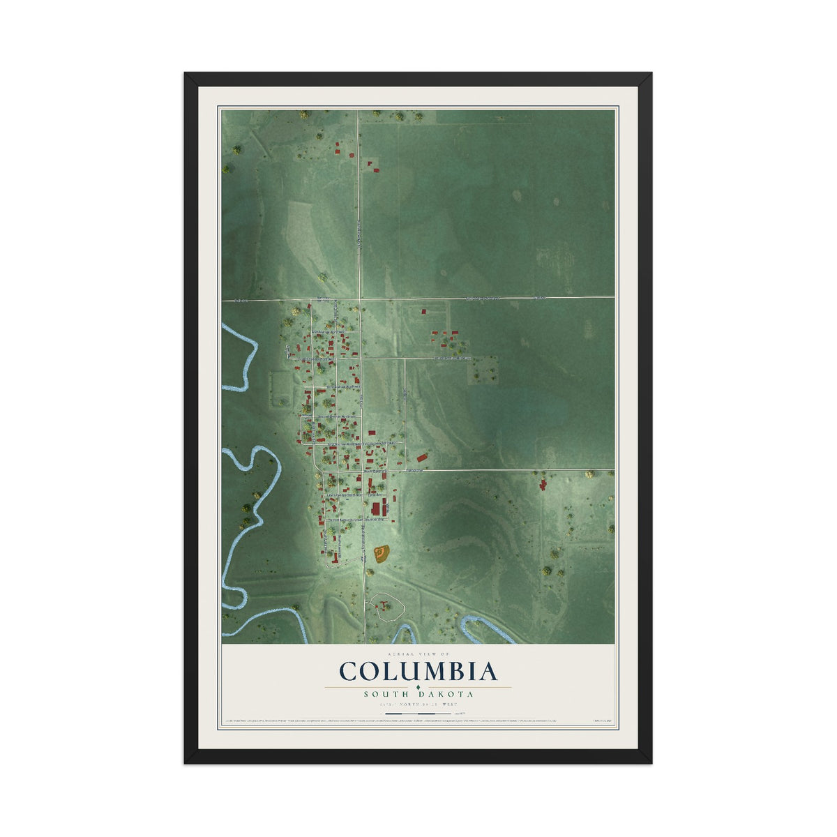 Map of Columbia, South Dakota, 12 x 18 inch print in a black wood frame