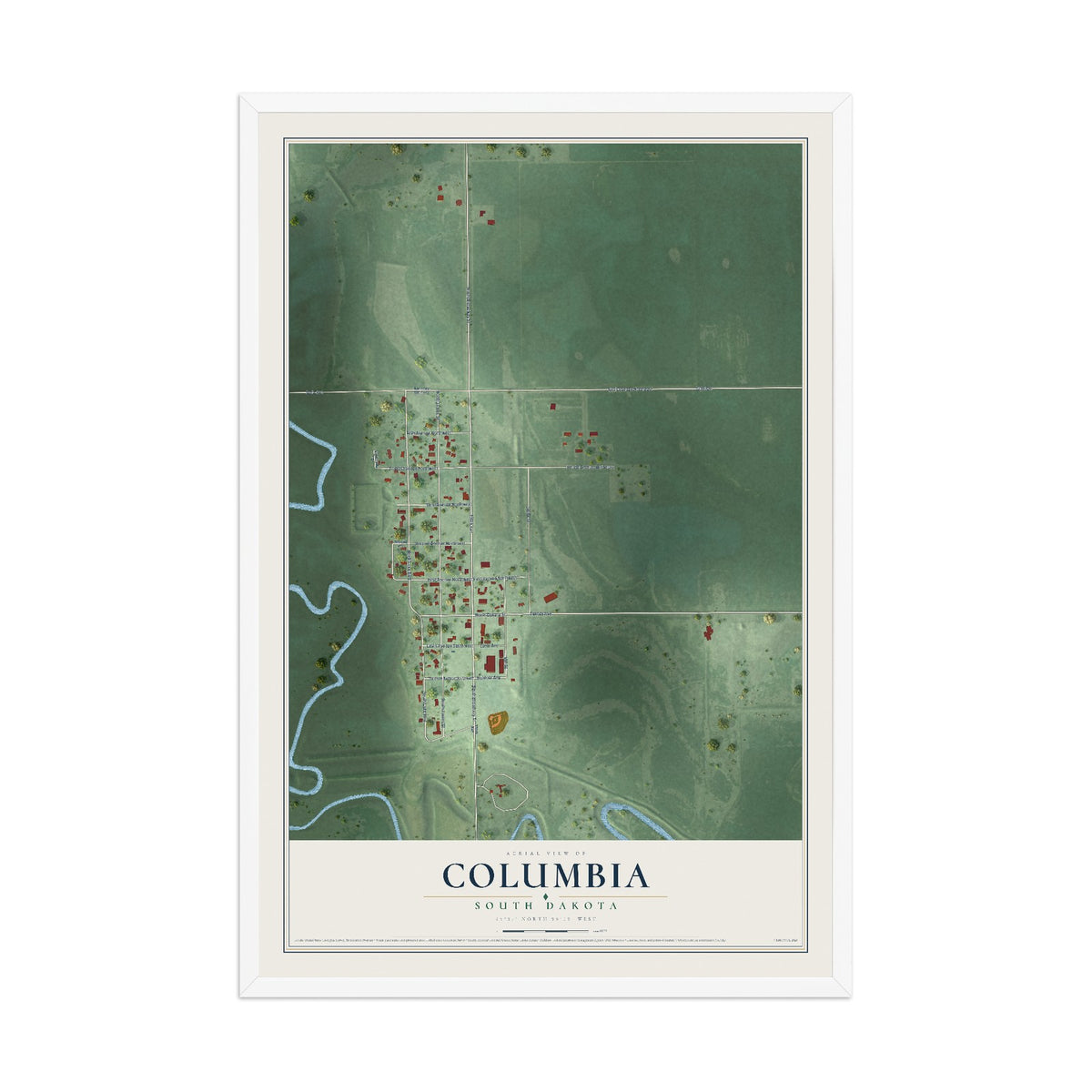 Map of Columbia, South Dakota, 12 x 18 inch print in a white wood frame