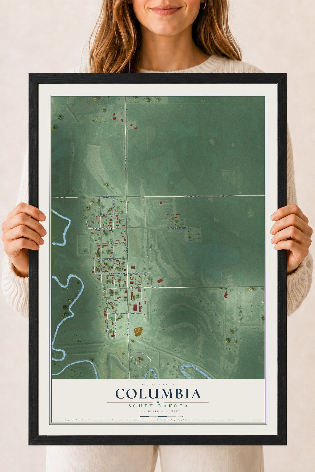Map of Columbia, South Dakota, 18 x 24 inch print in a black wood frame