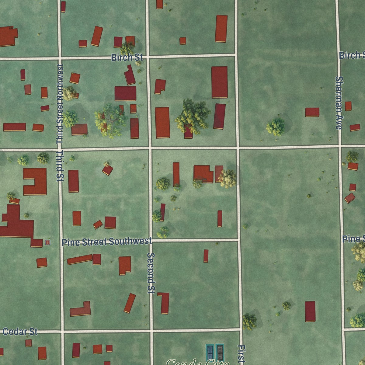 Close-up of the map of Conde, South Dakota print showing street and building detail