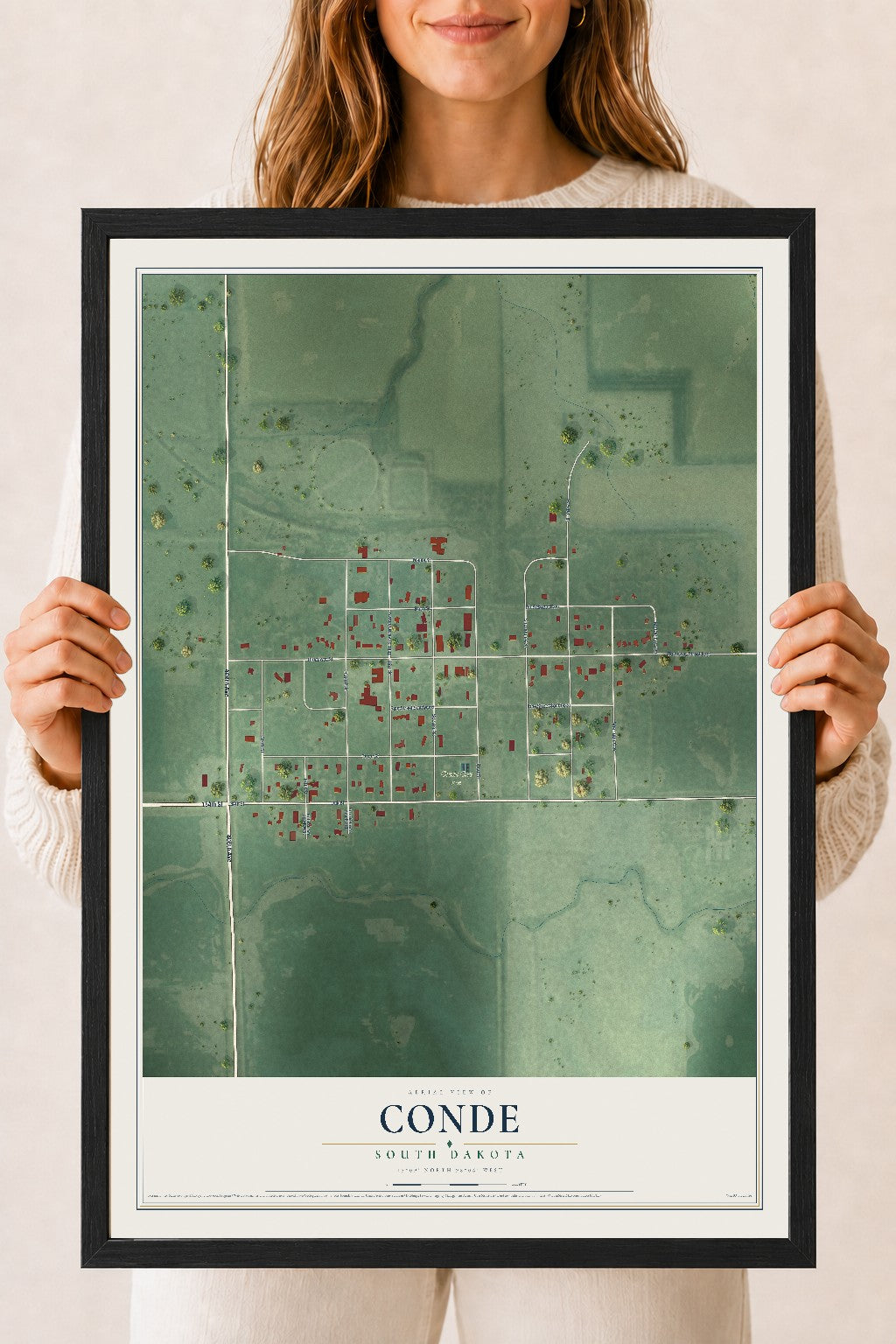 Map of Conde, South Dakota, 18 x 24 inch print in a black wood frame