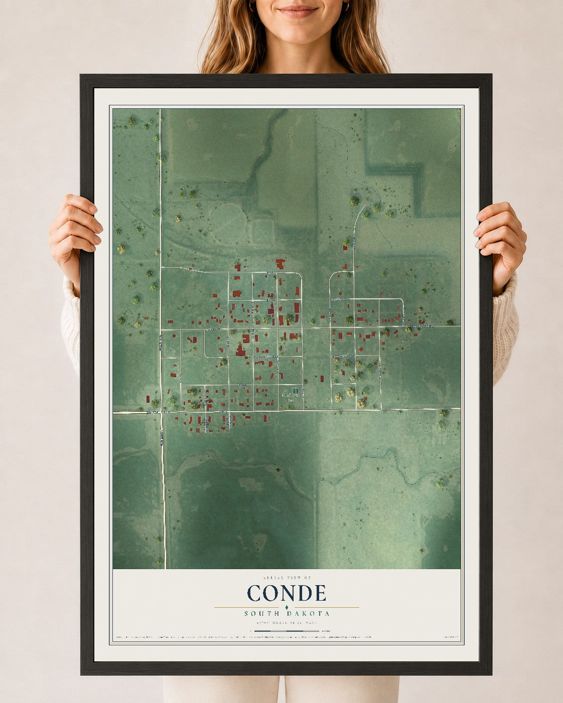 Map of Conde, South Dakota, 24 x 36 inch print in a black wood frame