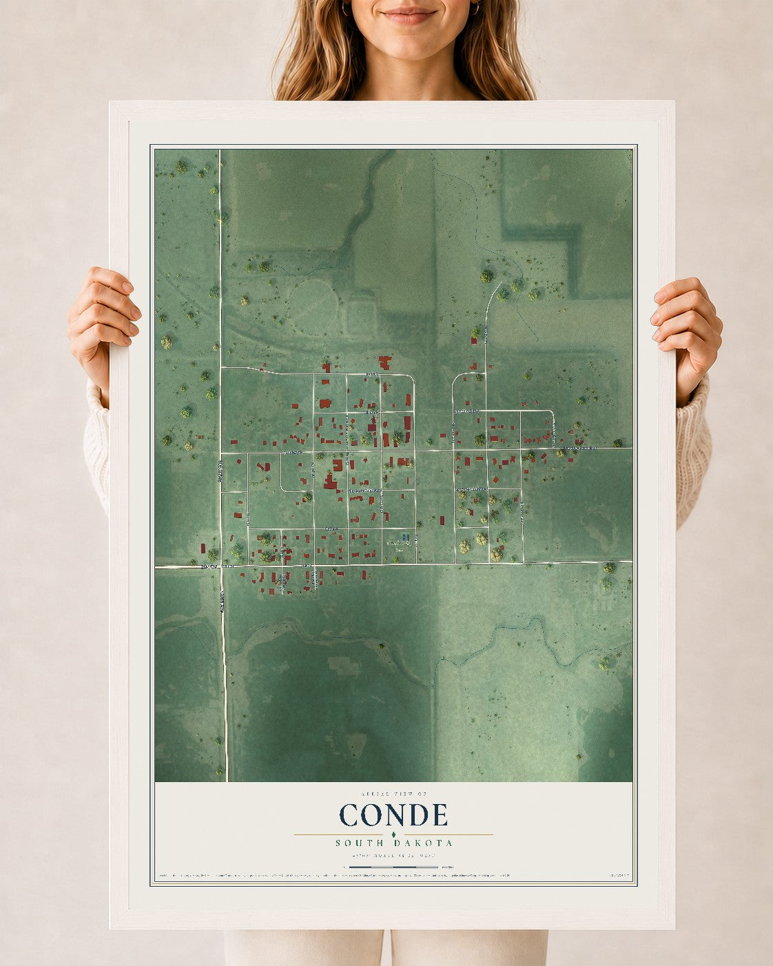 Map of Conde, South Dakota, 24 x 36 inch print in a white wood frame