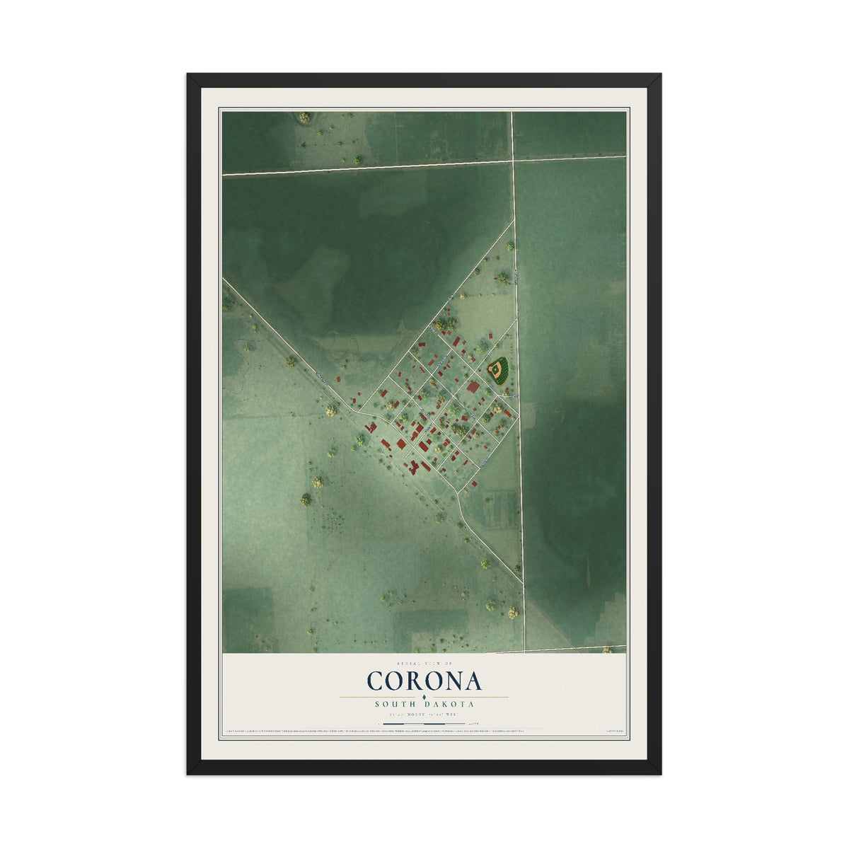 Map of Corona, South Dakota, 12 x 18 inch print in a black wood frame