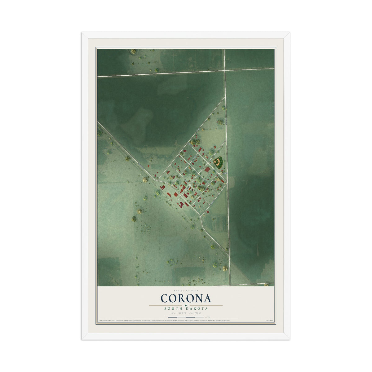 Map of Corona, South Dakota, 12 x 18 inch print in a white wood frame