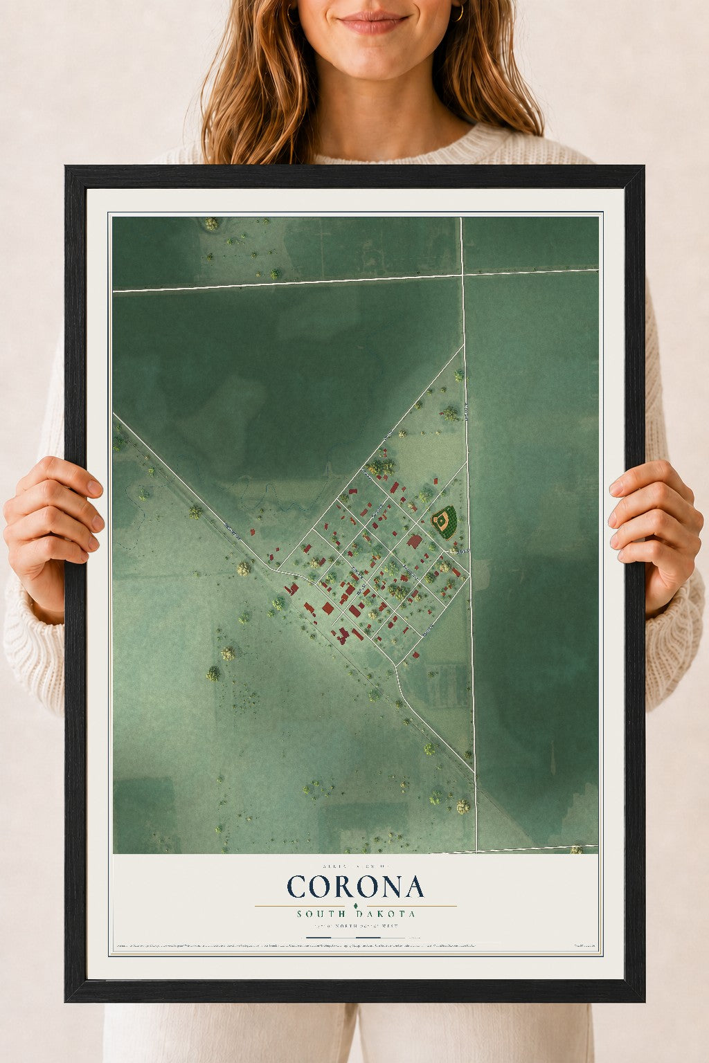 Map of Corona, South Dakota, 18 x 24 inch print in a black wood frame
