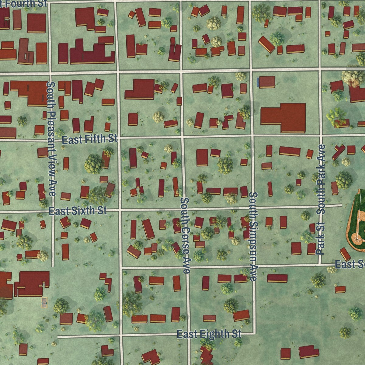 Close-up of the map of Corsica, South Dakota print showing street and building detail
