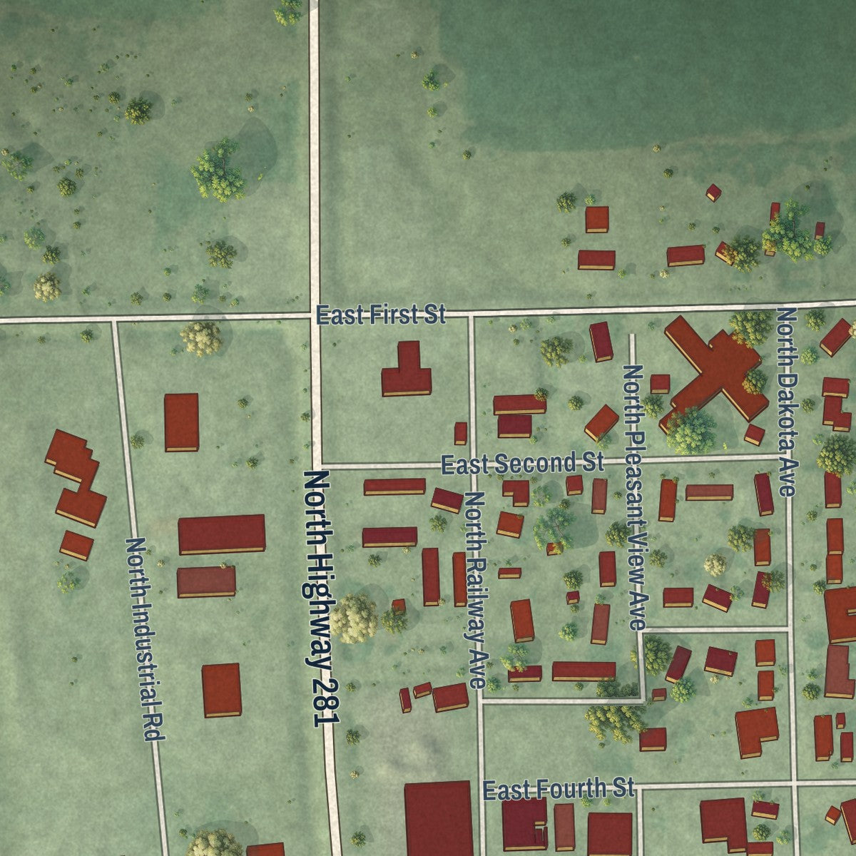 Second close-up of the map of Corsica, South Dakota print showing more streets and buildings