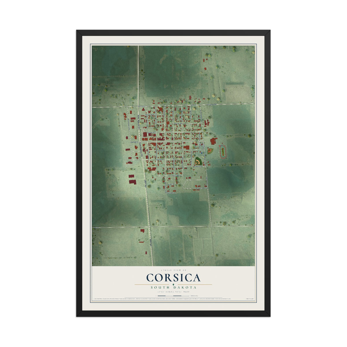 Map of Corsica, South Dakota, 12 x 18 inch print in a black wood frame