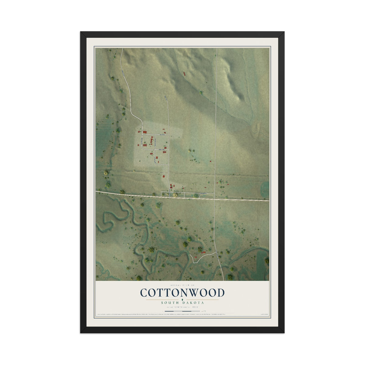 Map of Cottonwood, South Dakota, 12 x 18 inch print in a black wood frame