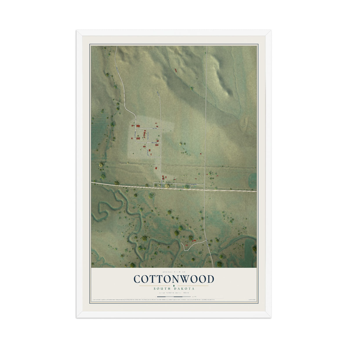 Map of Cottonwood, South Dakota, 12 x 18 inch print in a white wood frame