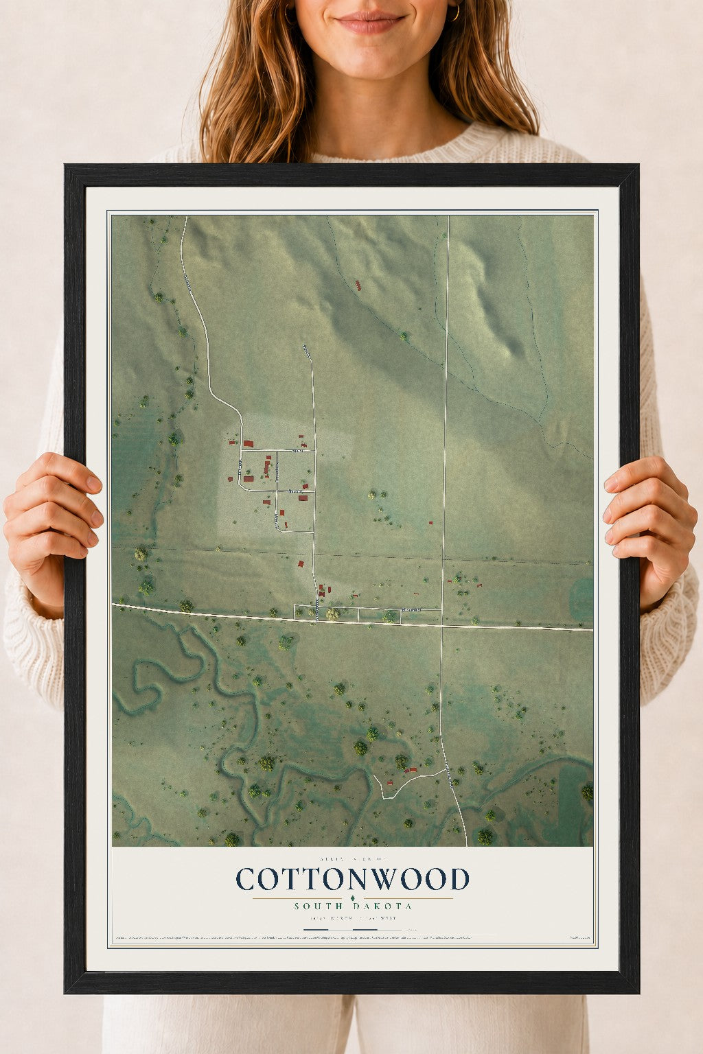 Map of Cottonwood, South Dakota, 18 x 24 inch print in a black wood frame
