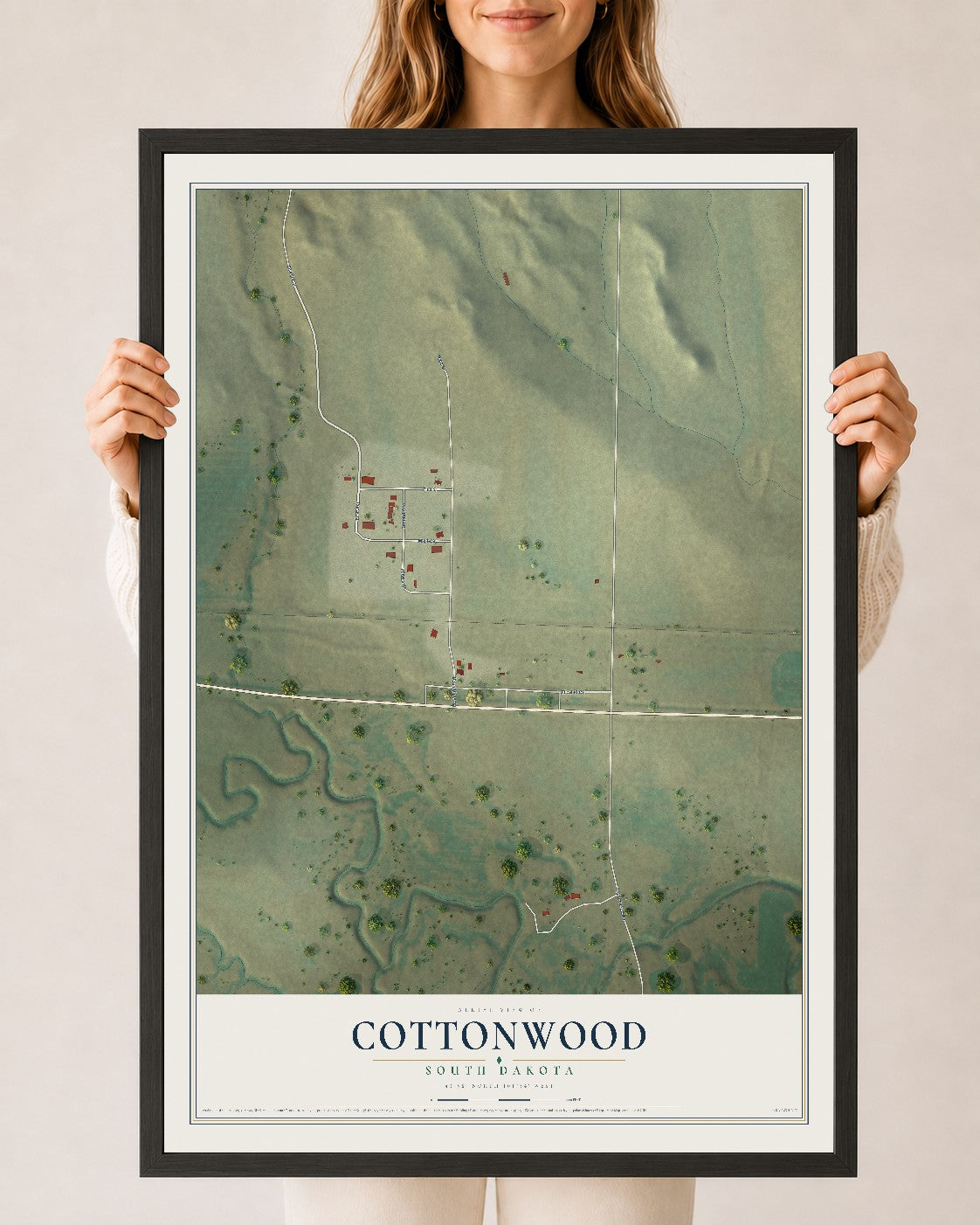 Map of Cottonwood, South Dakota, 24 x 36 inch print in a black wood frame