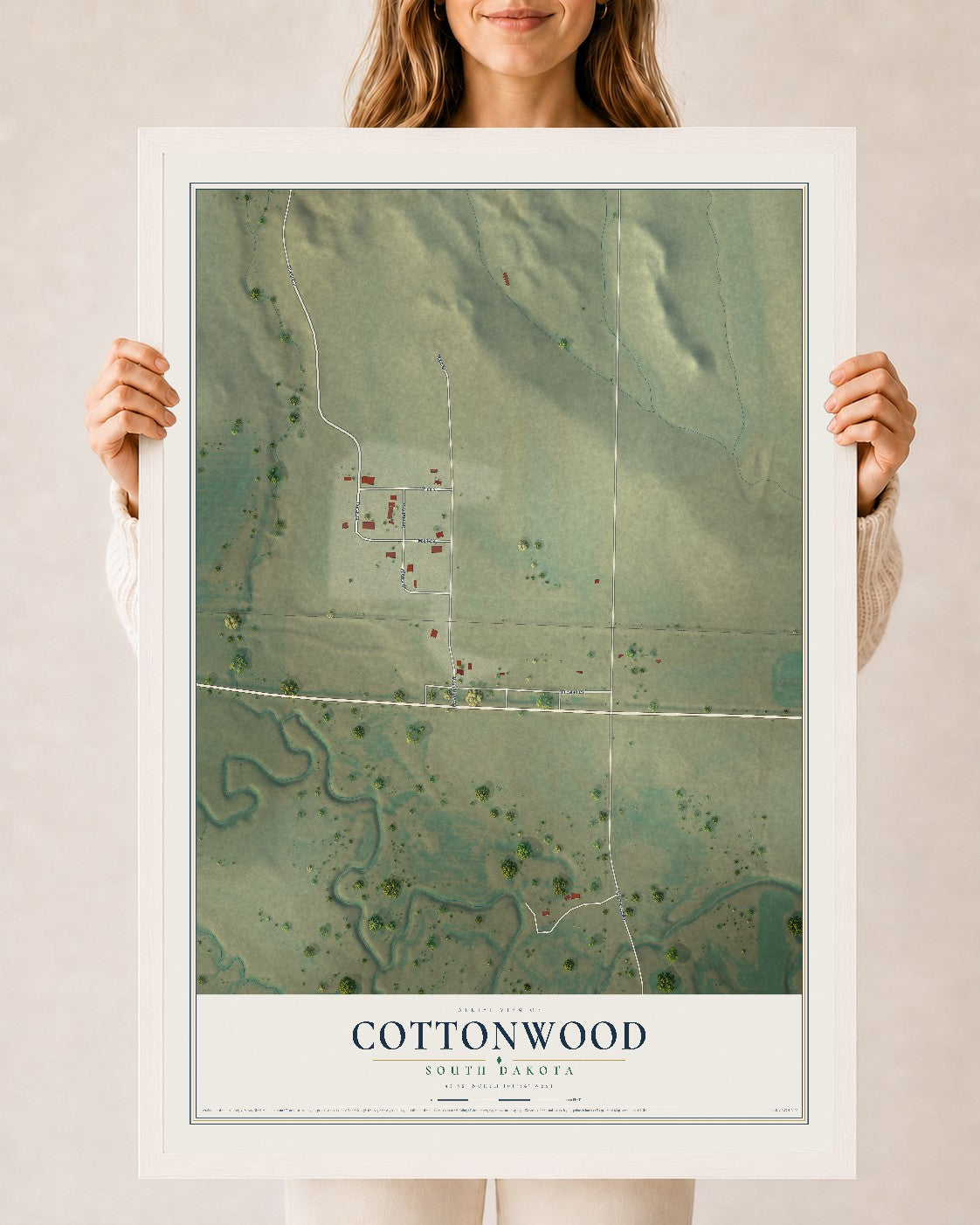 Map of Cottonwood, South Dakota, 24 x 36 inch print in a white wood frame