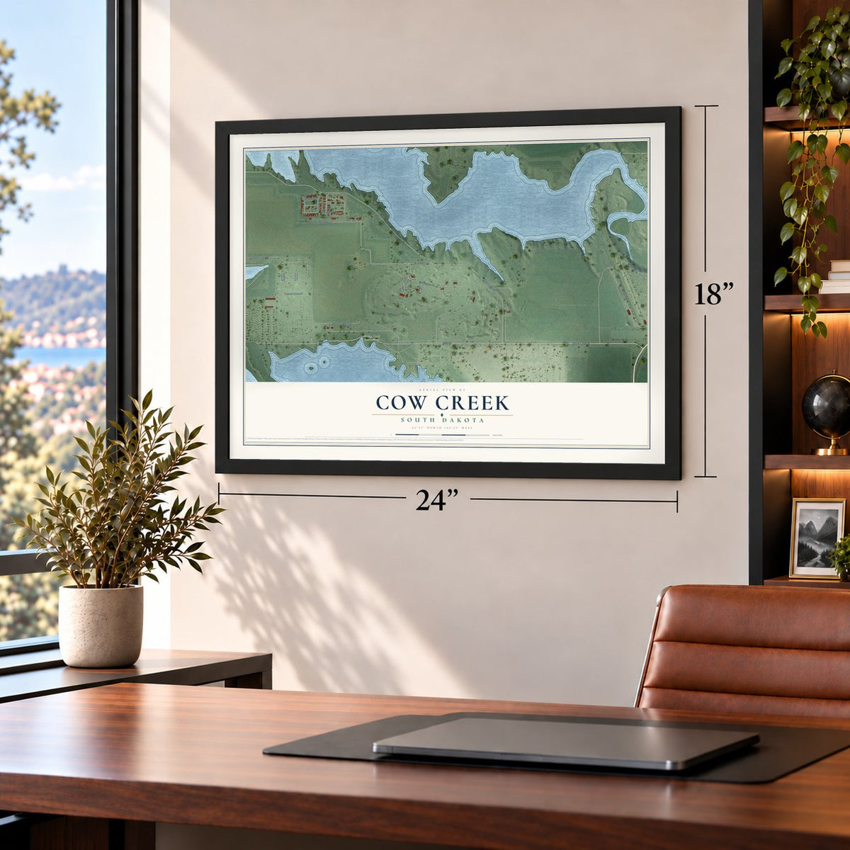 Cow Creek, South Dakota map, 18 x 24 inch print in a black frame in a home office
