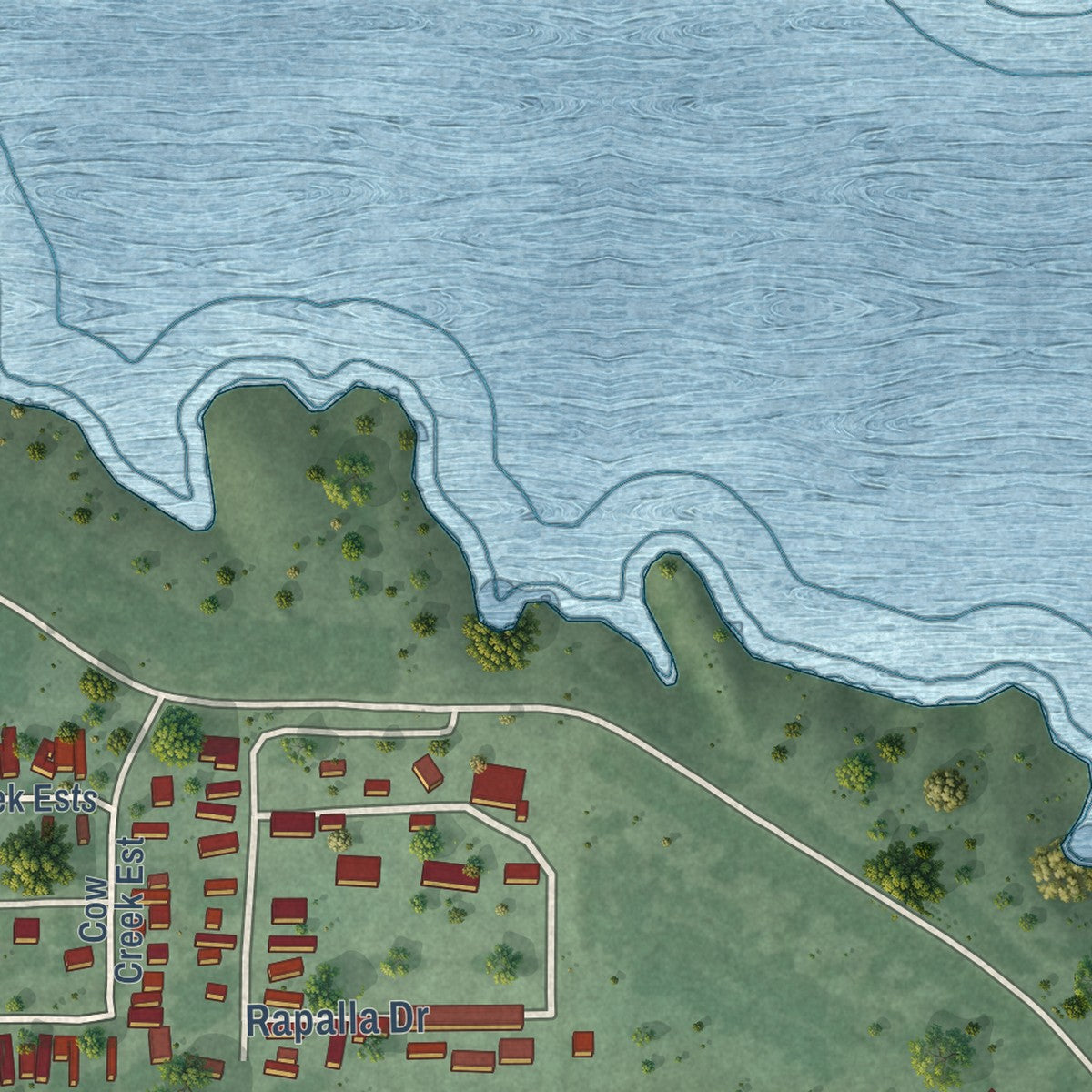 Close-up of the map of Cow Creek, South Dakota print showing street and building detail
