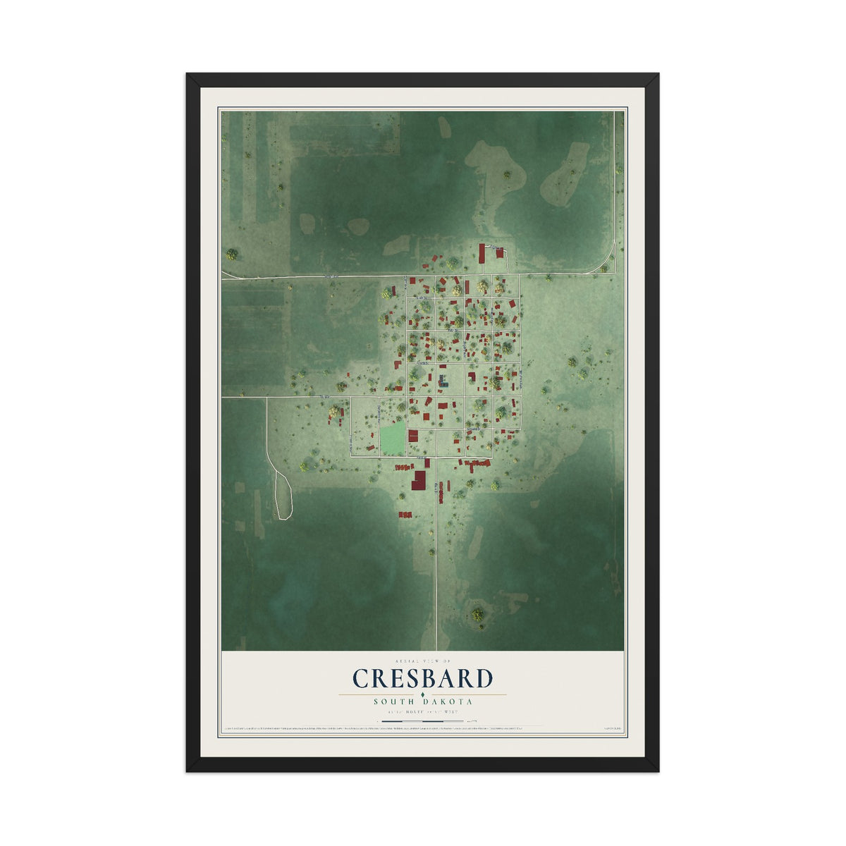 Map of Cresbard, South Dakota, 12 x 18 inch print in a black wood frame