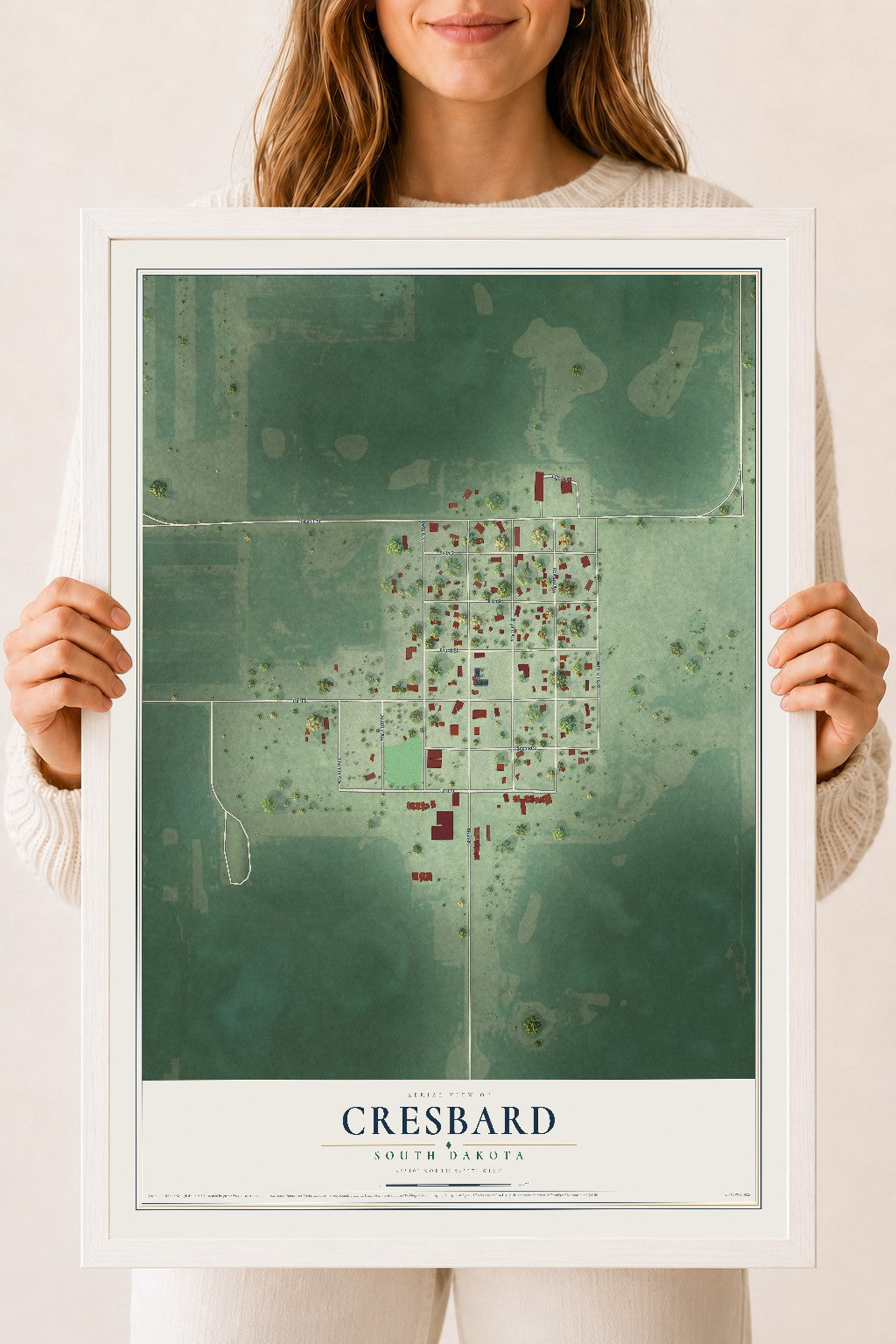 Map of Cresbard, South Dakota, 18 x 24 inch print in a white wood frame
