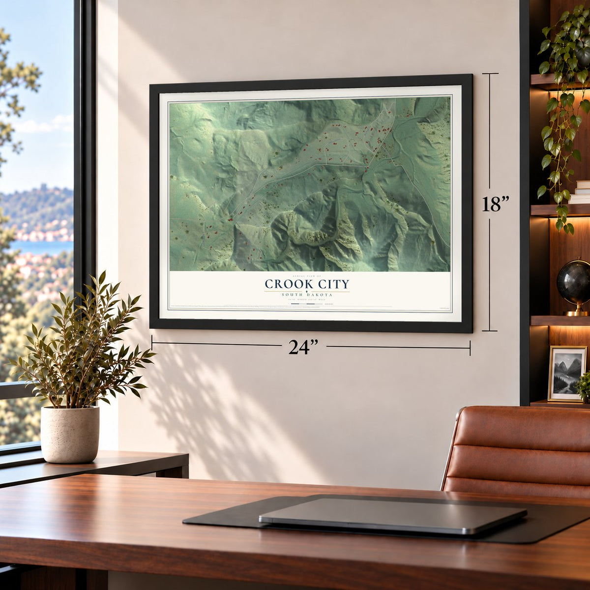 Crook City, South Dakota map, 18 x 24 inch print in a black frame in a home office