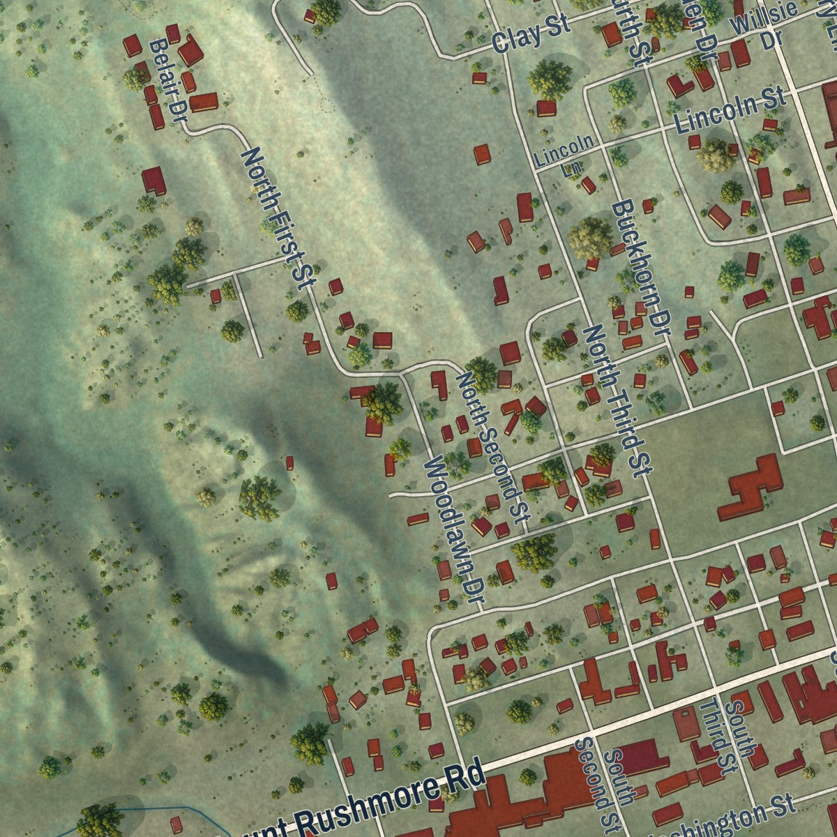 Second close-up of the map of Custer, South Dakota print showing more streets and buildings