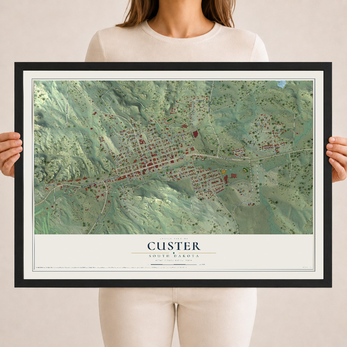 Map of Custer, South Dakota, 18 x 24 inch print in a black wood frame