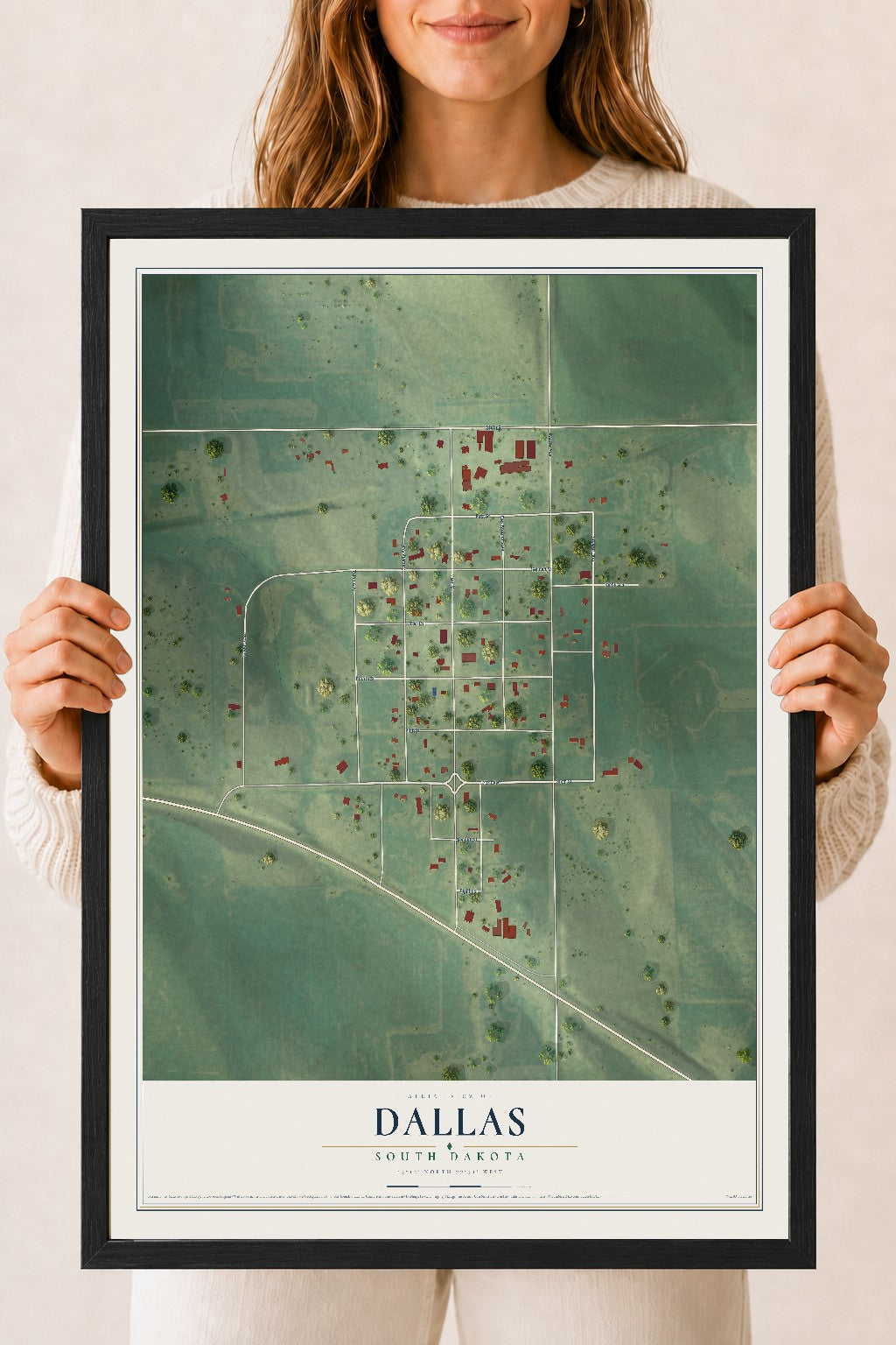 Map of Dallas, South Dakota, 18 x 24 inch print in a black wood frame