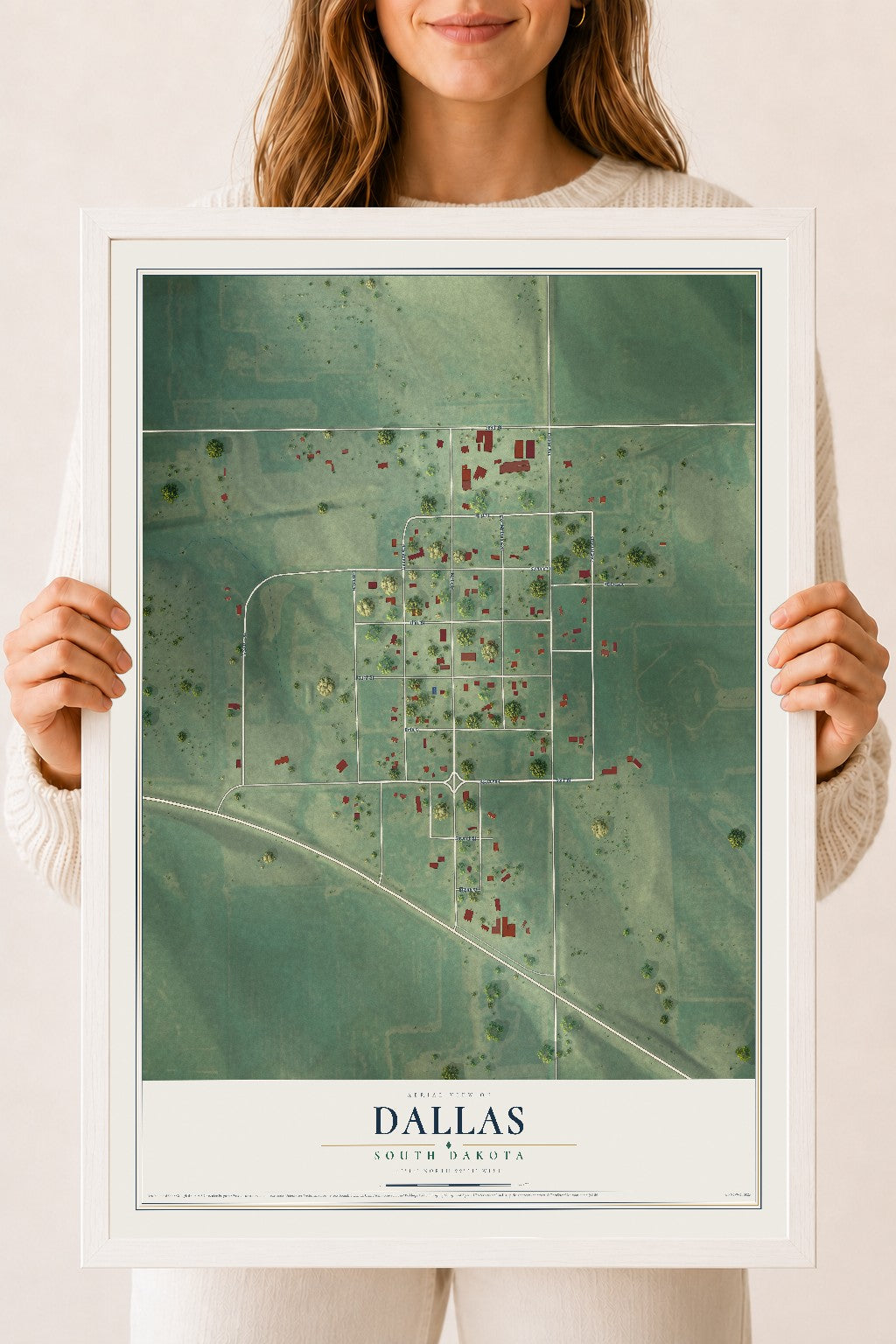 Map of Dallas, South Dakota, 18 x 24 inch print in a white wood frame