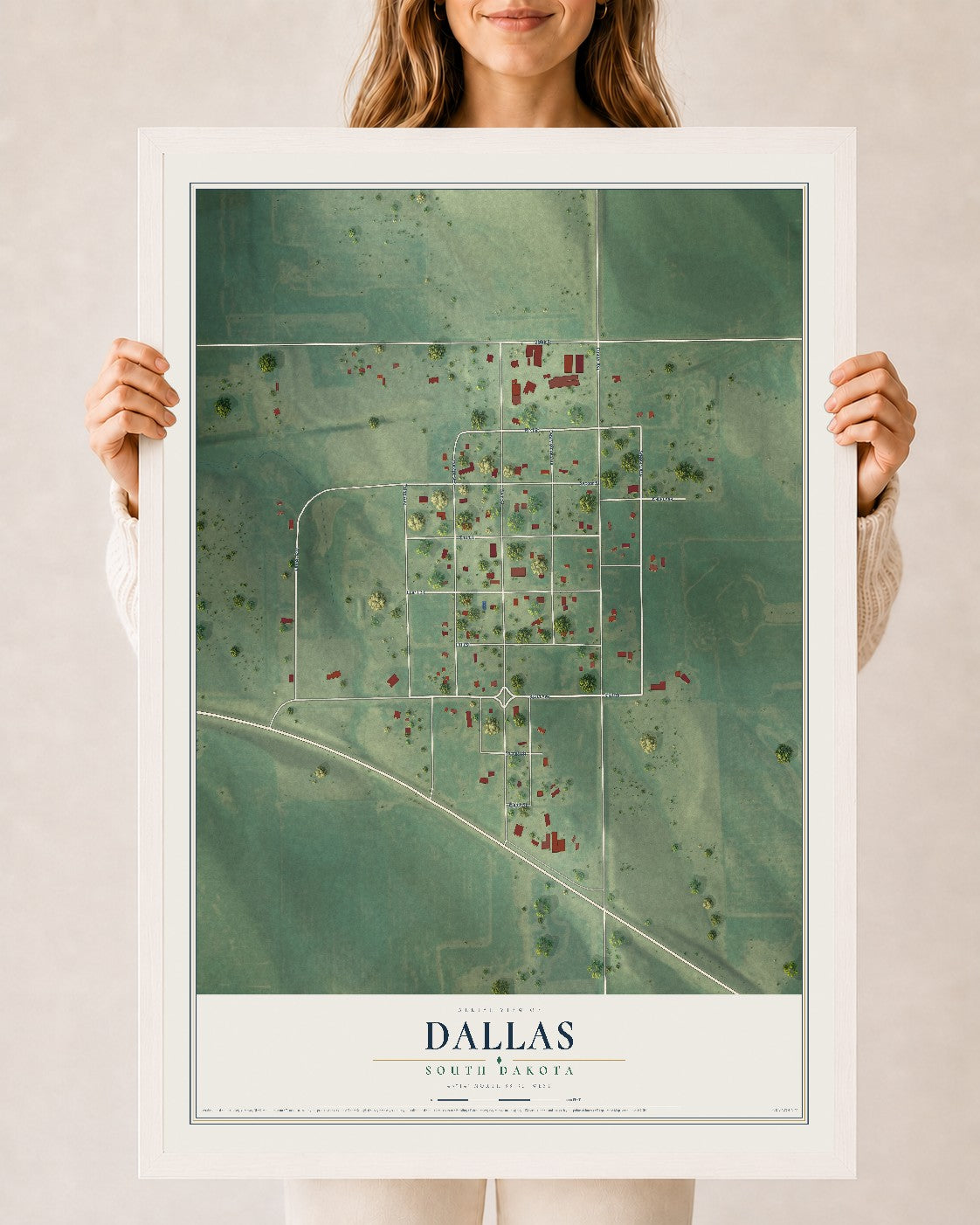 Map of Dallas, South Dakota, 24 x 36 inch print in a white wood frame