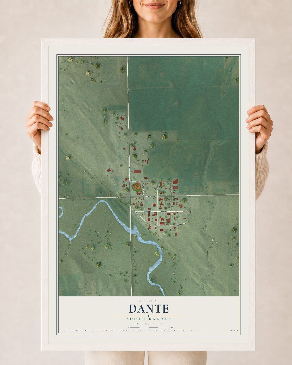 Map of Dante, South Dakota, 24 x 36 inch print in a white wood frame