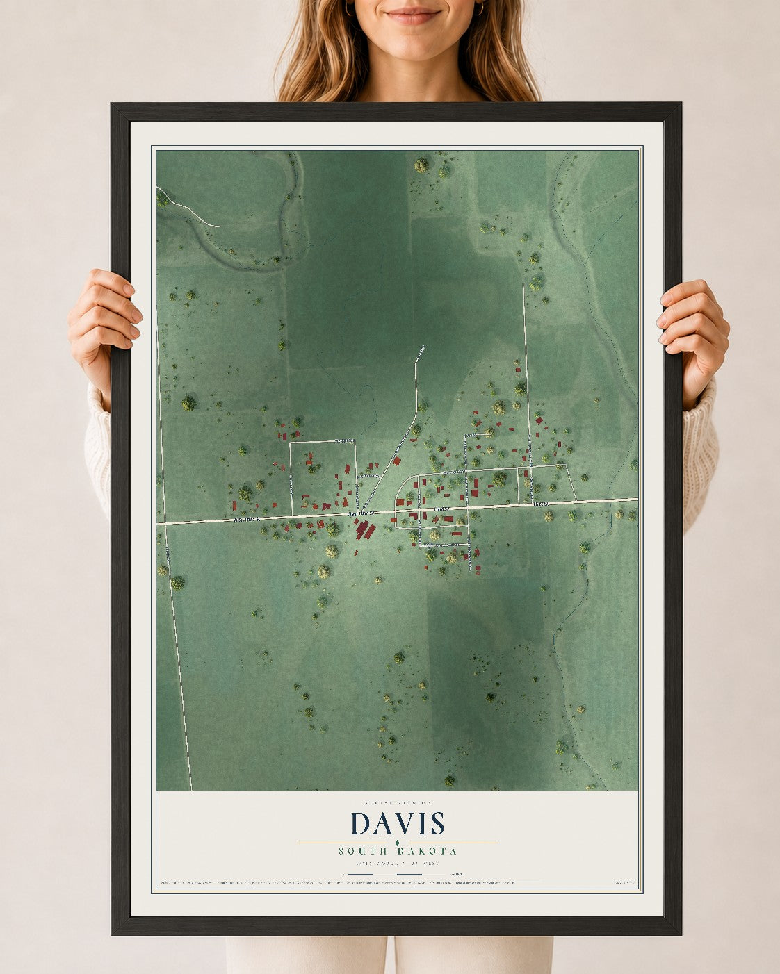 Map of Davis, South Dakota, 24 x 36 inch print in a black wood frame