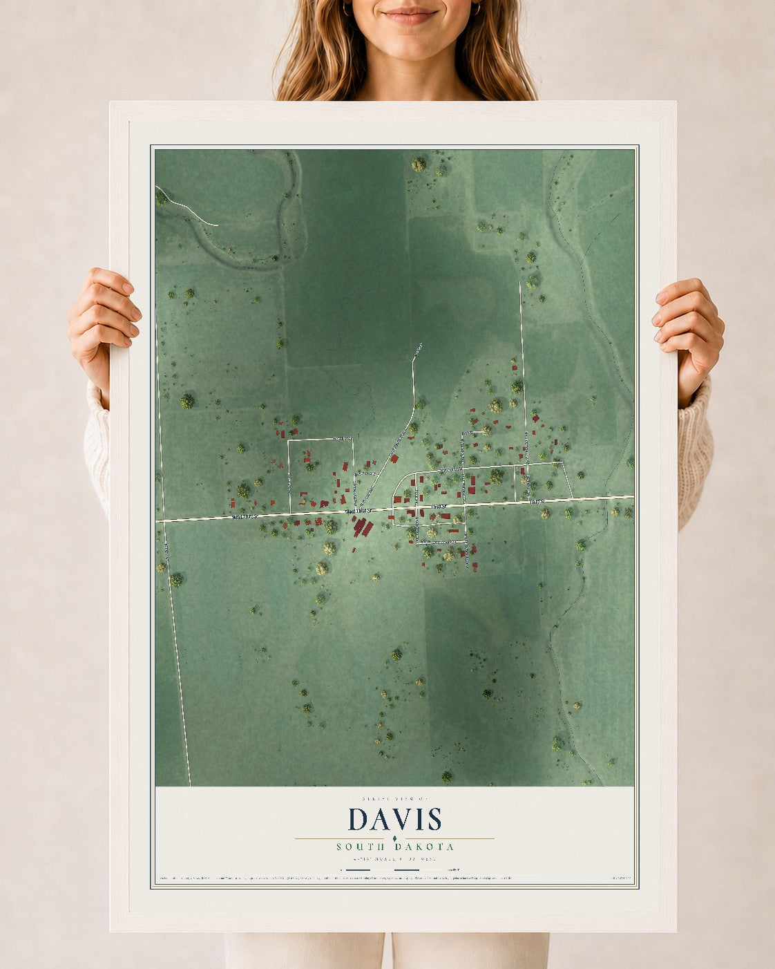 Map of Davis, South Dakota, 24 x 36 inch print in a white wood frame