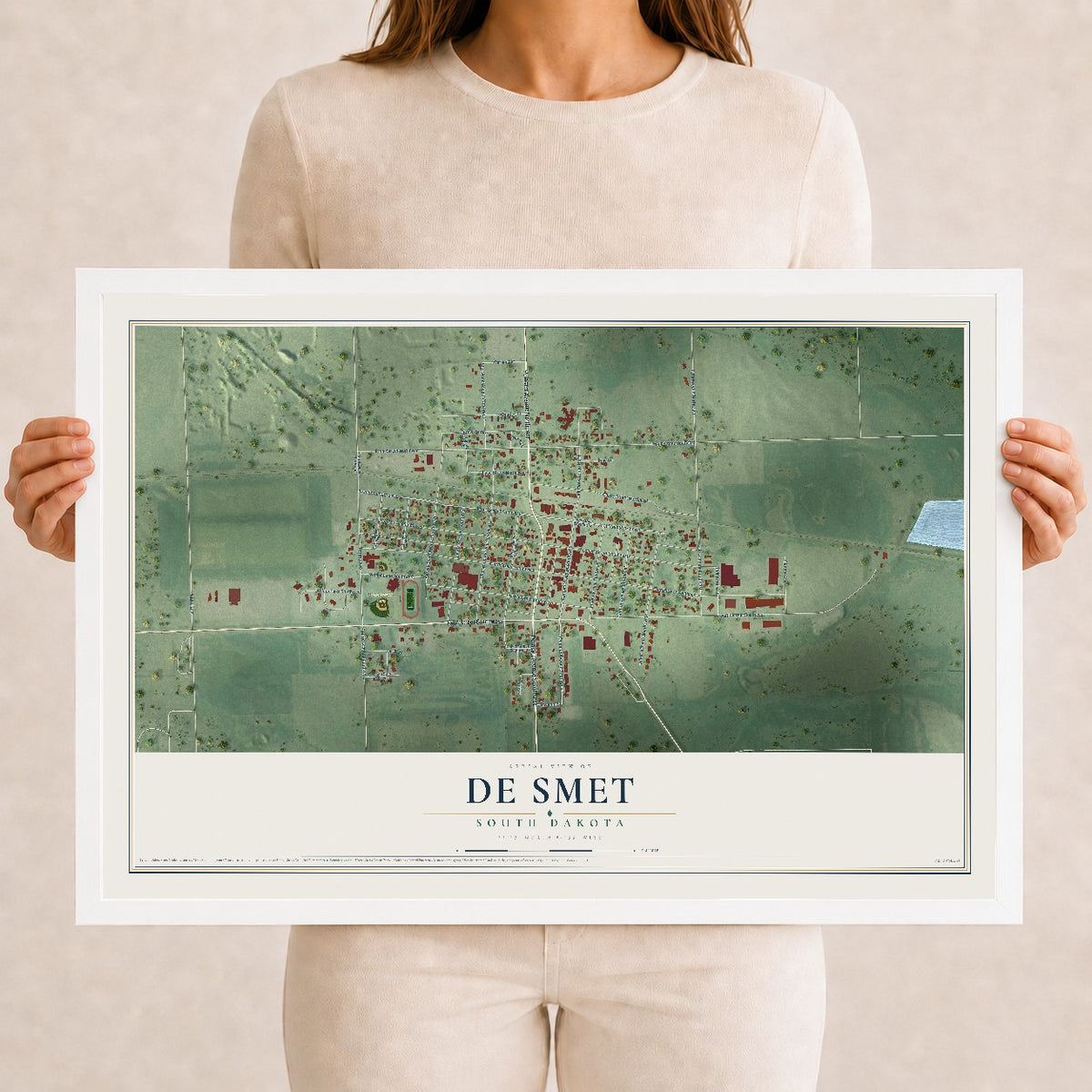 Map of De Smet, South Dakota, 12 x 18 inch print in a white wood frame