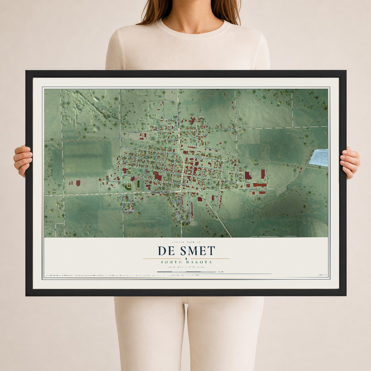 Map of De Smet, South Dakota, 24 x 36 inch print in a black wood frame